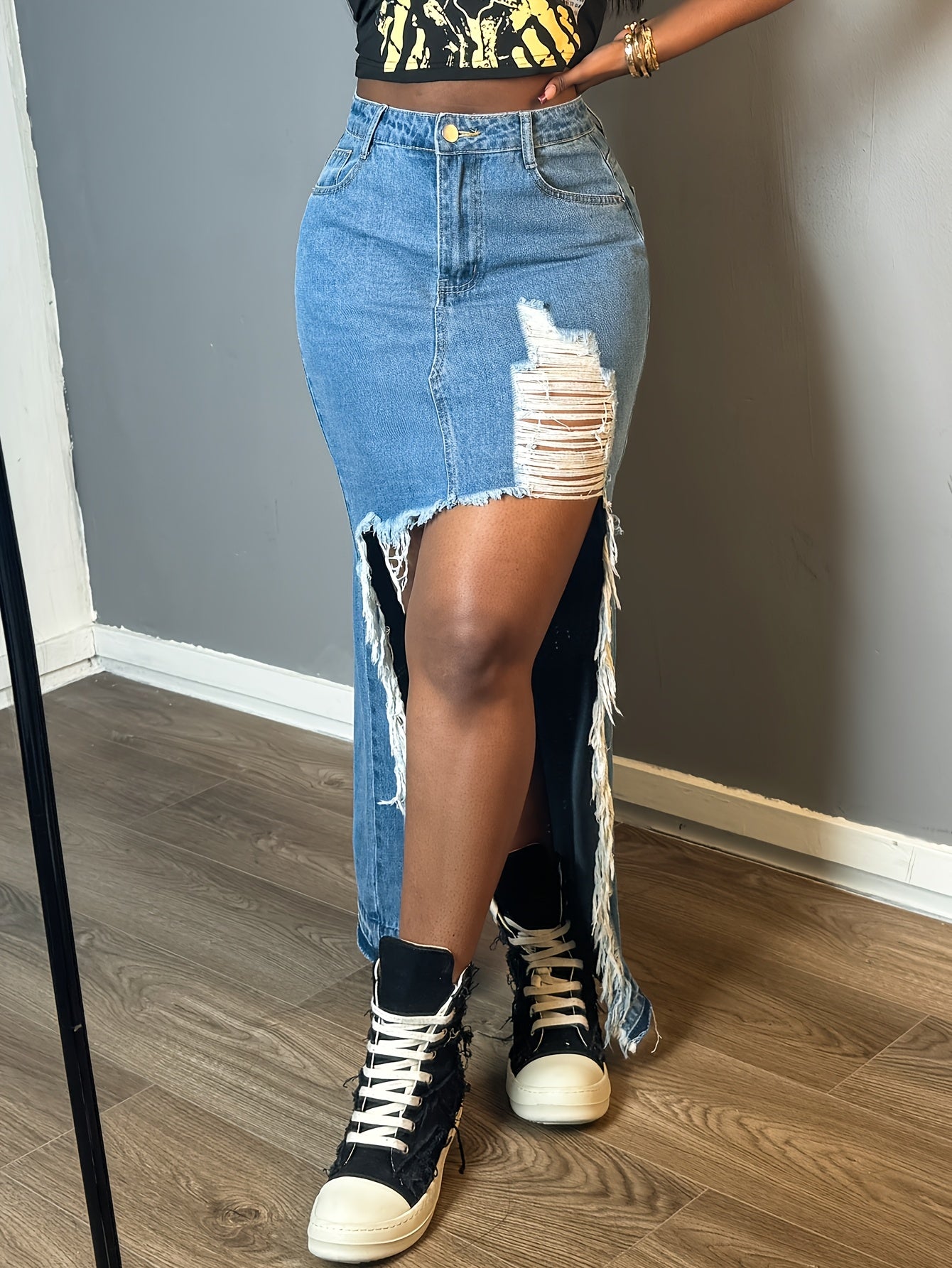 Women's Casual High-Waist Denim Skirt with Front Ripped Holes And Fringed Hem, Mid-Length