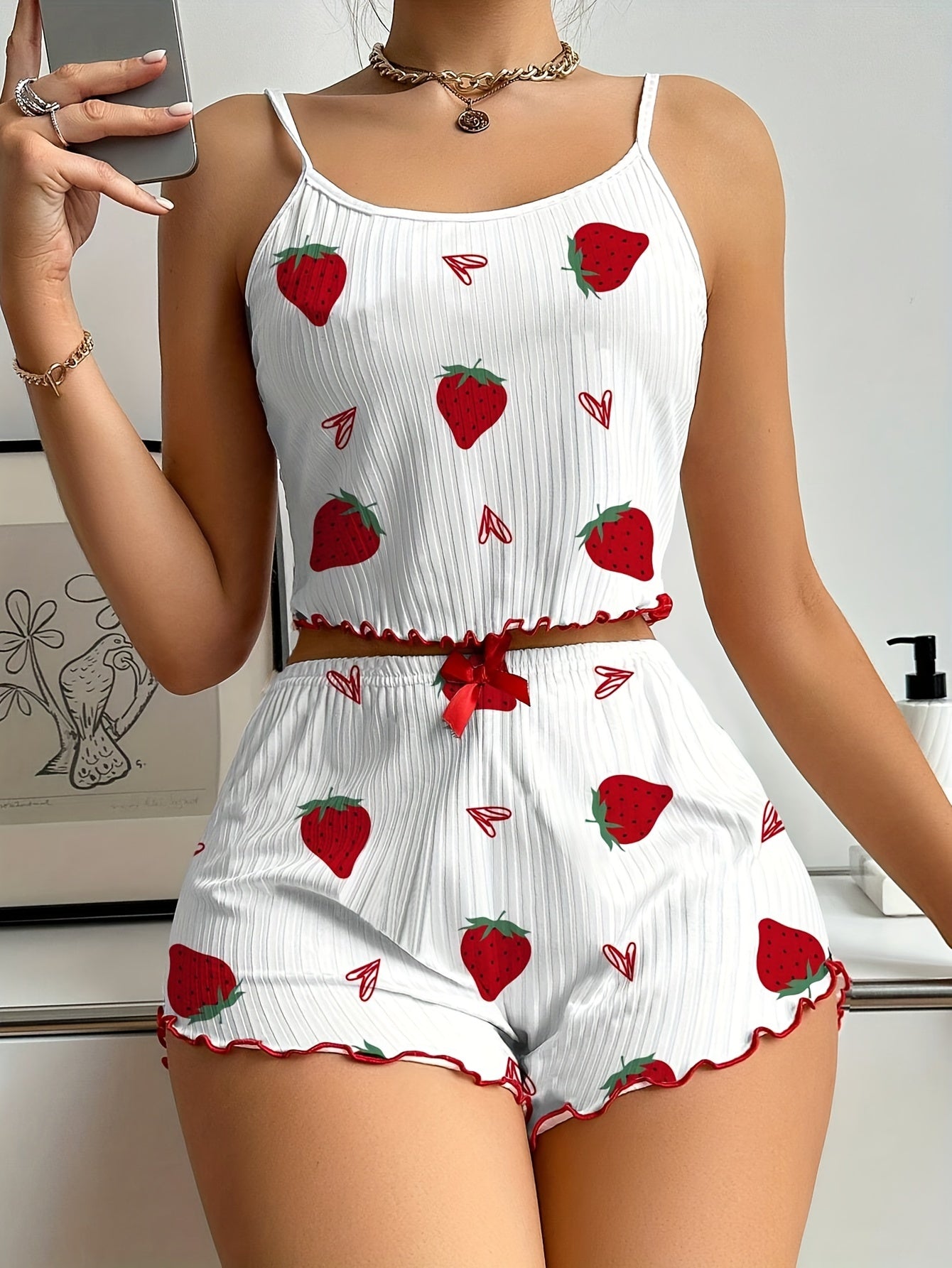 Women's Strawberry Print Sexy Ribbed Frill Trim Pajama Set, Round Neck Backless Crop Cami Top & Shorts, Comfortable Relaxed Fit, Summer Nightwear