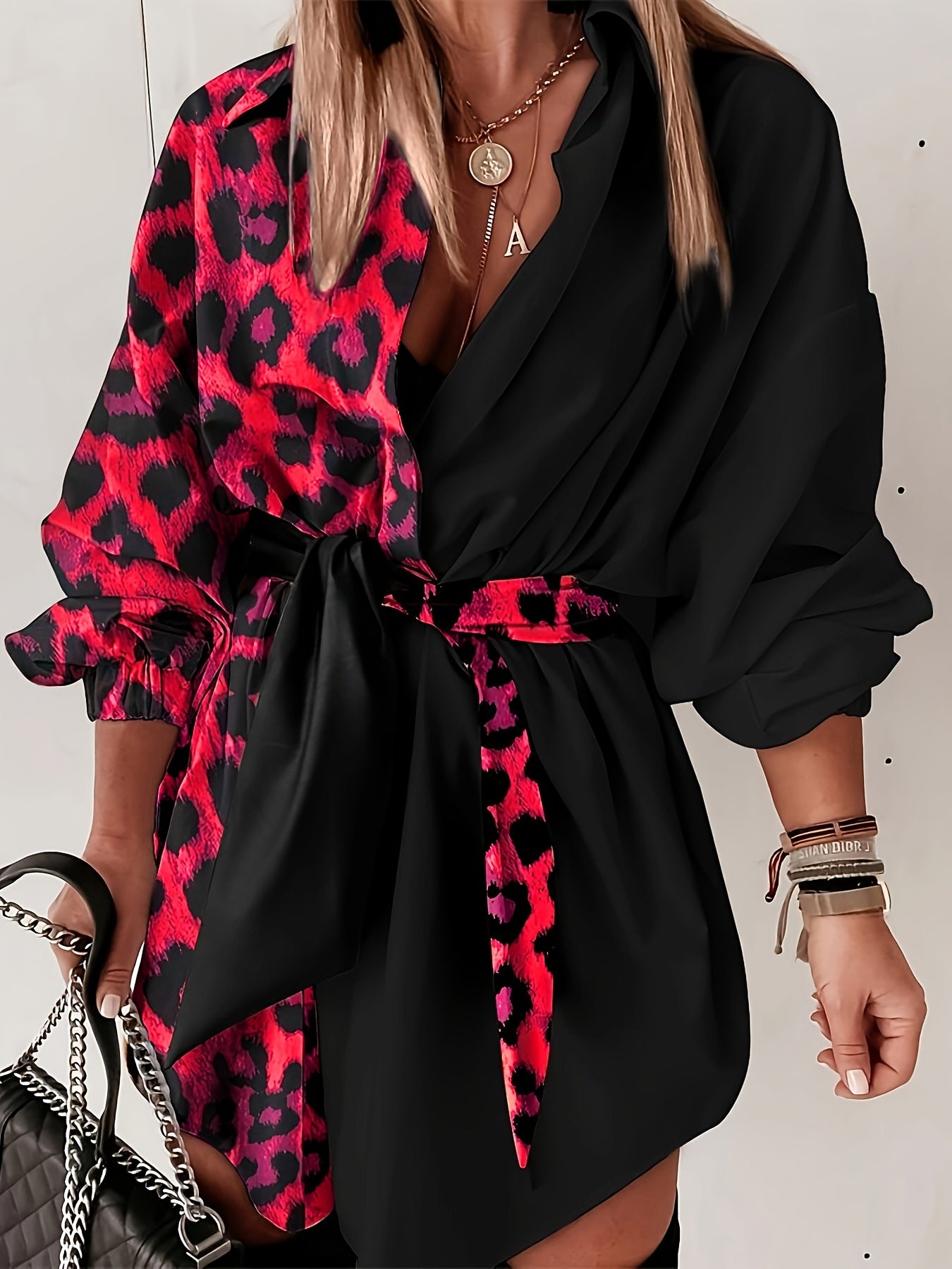 Women'S Leopard Print Wrap Dress with V-Neck and Button Details - Stylish Black and Brown Pattern, Perfect for All Seasons, Casual to Semi-Formal Attire, Casual Attire|Vneck Dress|Wrap Dress