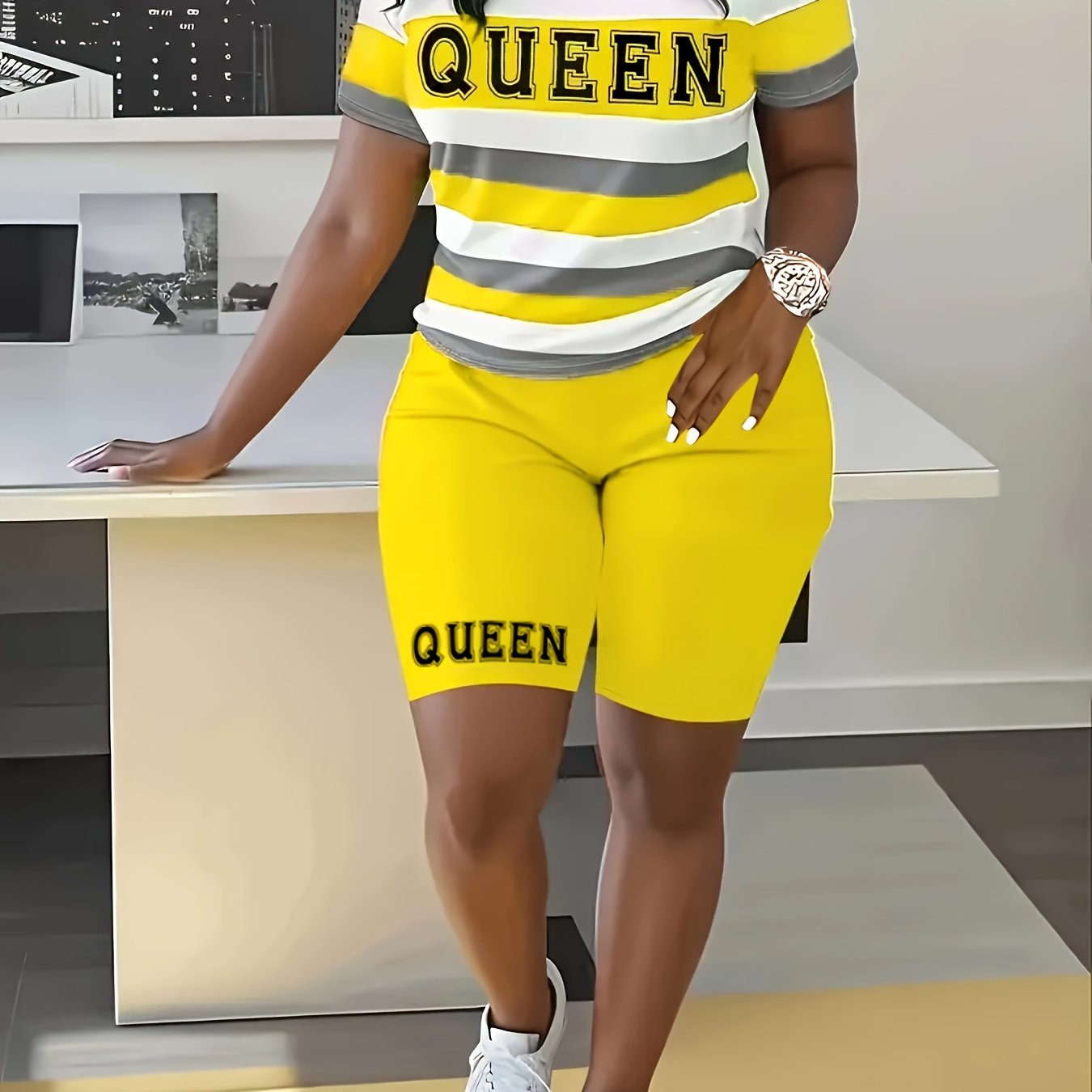 Two-Piece Queen Print Color Block Crew Neck T-Shirt & Biker Shorts Outfit - Soft Mid-Elasticity Polyester Fabric, Random Striped Pattern, Machine Washable, Spring/Summer Casual Wear - Vibrant Colors, Comfortable Fit