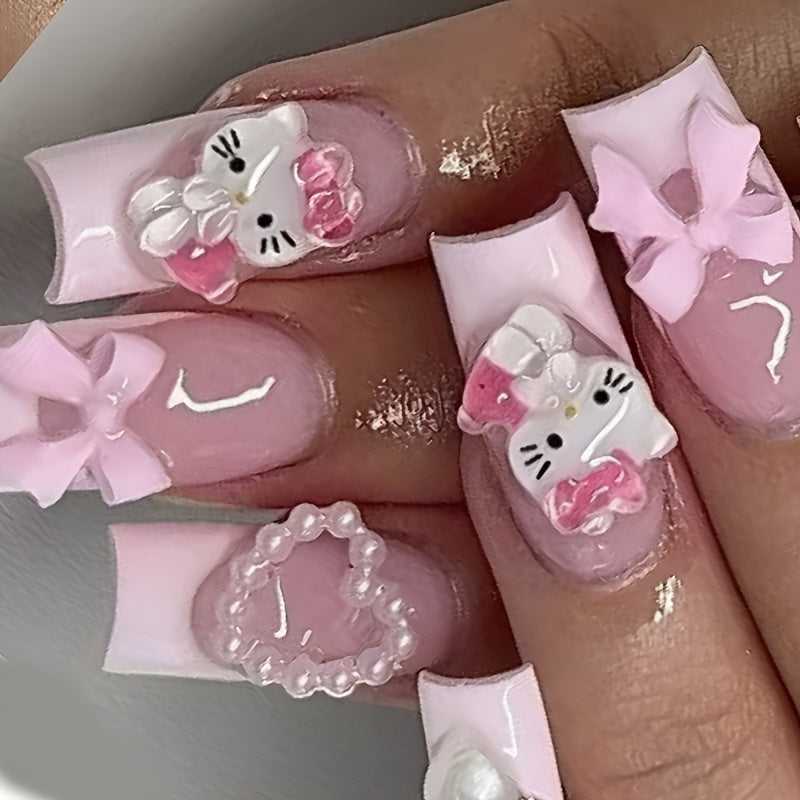 Glamorize Yourself with 24pcs Long Square Water Pipe Nails Cute 3D Hello Kitty Love Streamer Bow White French Full Cover False Nail Stickers Set, Gift for Women and Girls