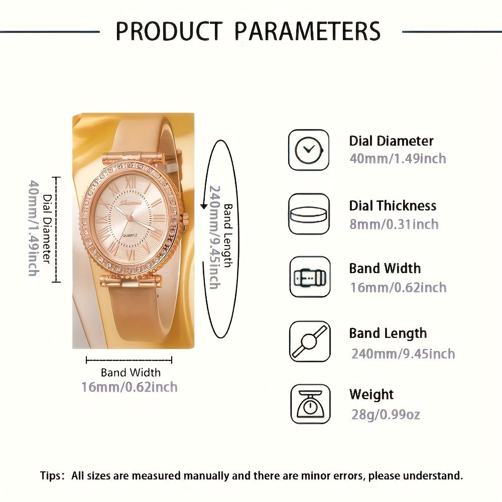 Luxury 5pcs Women's Rhinestone Quartz Watch Set - Chic oval case paired with casual PU Leather strap, elegant gift for Mom or her, fashion timepiece with classic design