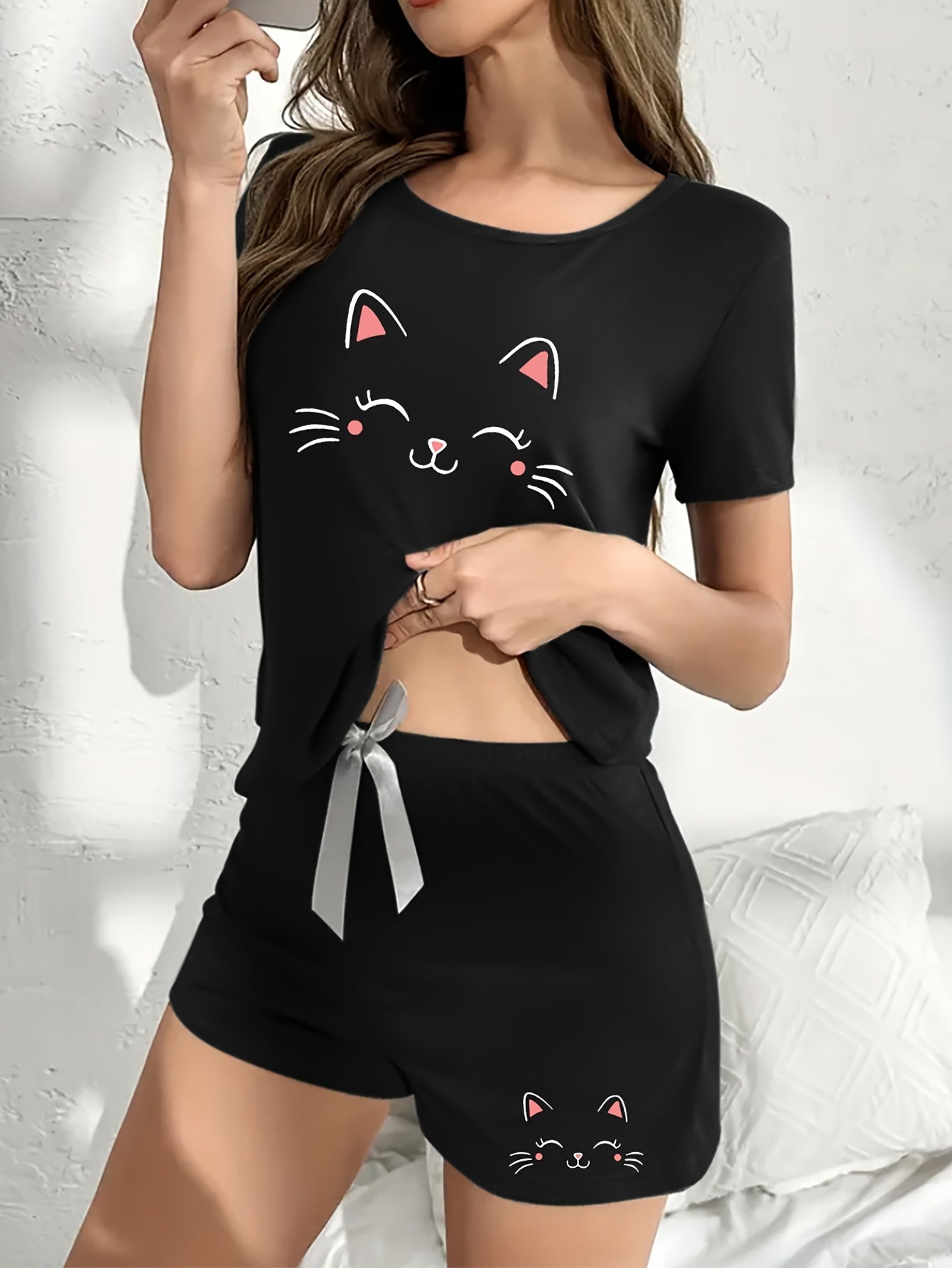 3pcs Cartoon joyful Cat Print Pajama Set for Women, Short Sleeve Top and Long Pants Shorts, Casual Comfortable Home Wear
