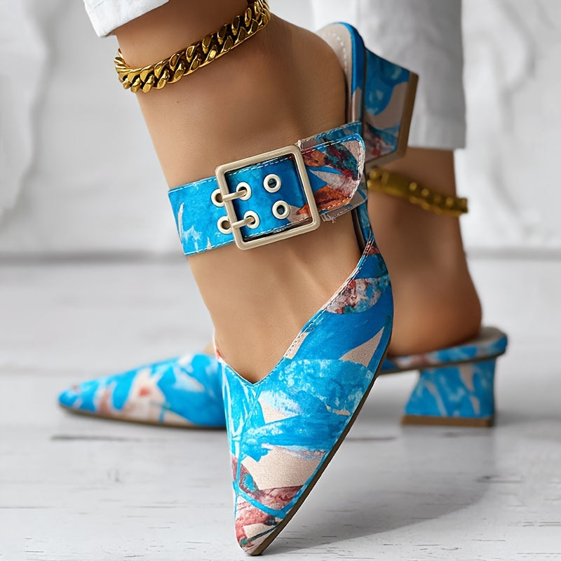 Chic Guangdong-Inspired Women's Sandals with Unique Print, Slip-On Pointed Toe Mid-Heel Shoes - Faux Cover & PVC Sole