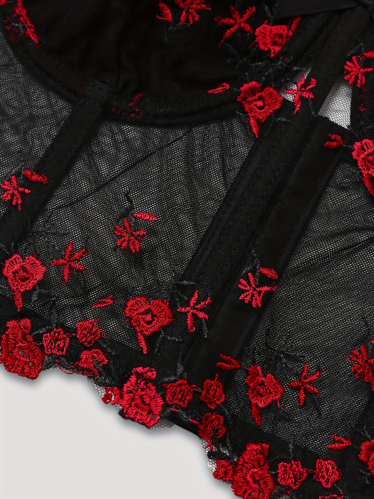 Elegant Black & Red Rose Floral Lace Embroidered Corset Top - Sexy Low-Cut V-Neck Fishbone Mesh Bustier with Adjustable Straps for Women, Perfect for Spring/Summer/Fall, Autumn Clothing | Floral Embroidery | Rose Pattern Desi