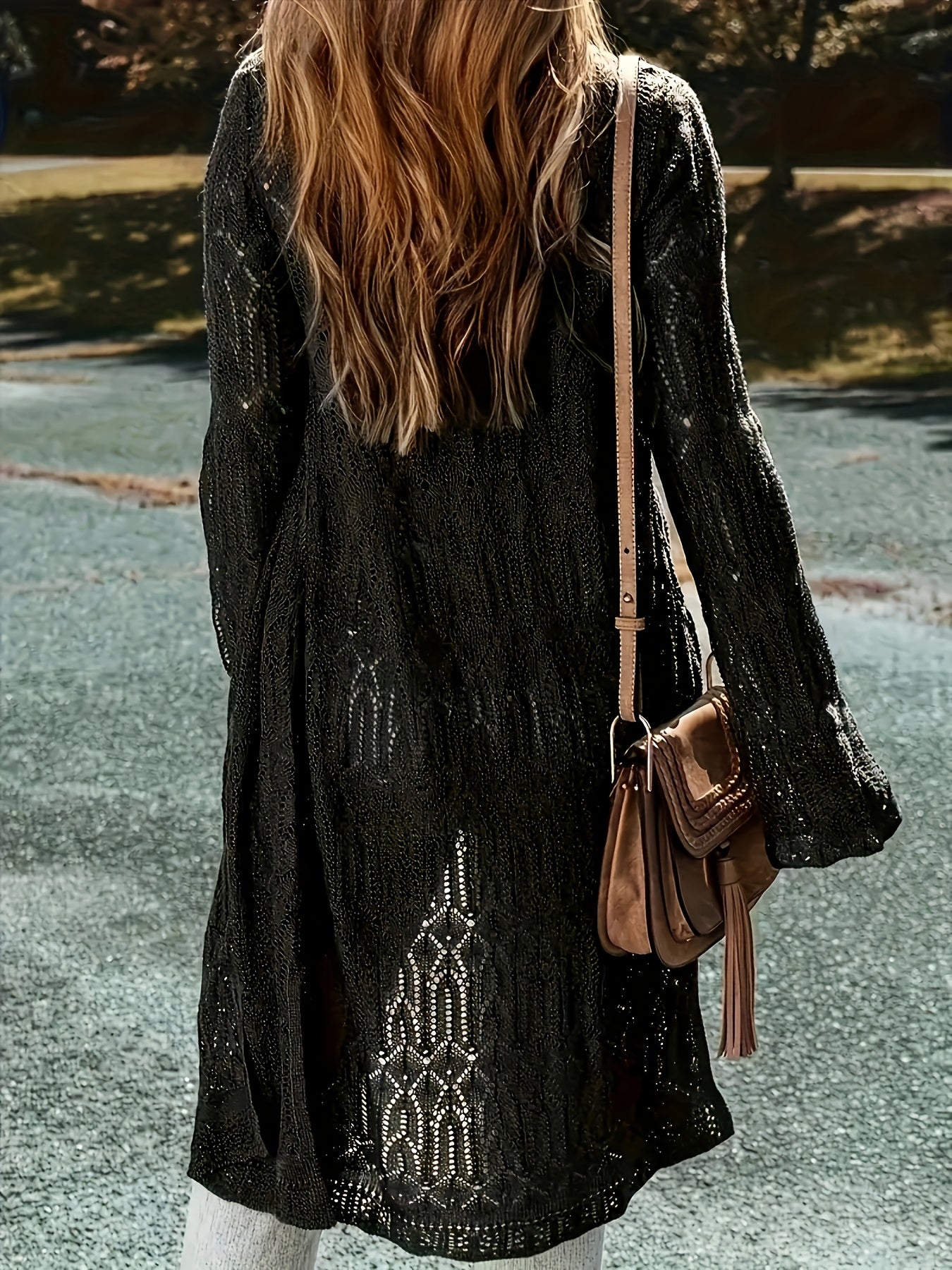 Plus Size Women's Lightweight Lace- Long Cardigan - V-Neck Semi-Sheer Cover-Up, Open Front Long Sleeve Resort Wear for Spring/Summer, Beach Vacation & Casual Outfits, Beach Lace Cover Up, Summer Layering Piece, Elegant Coveru