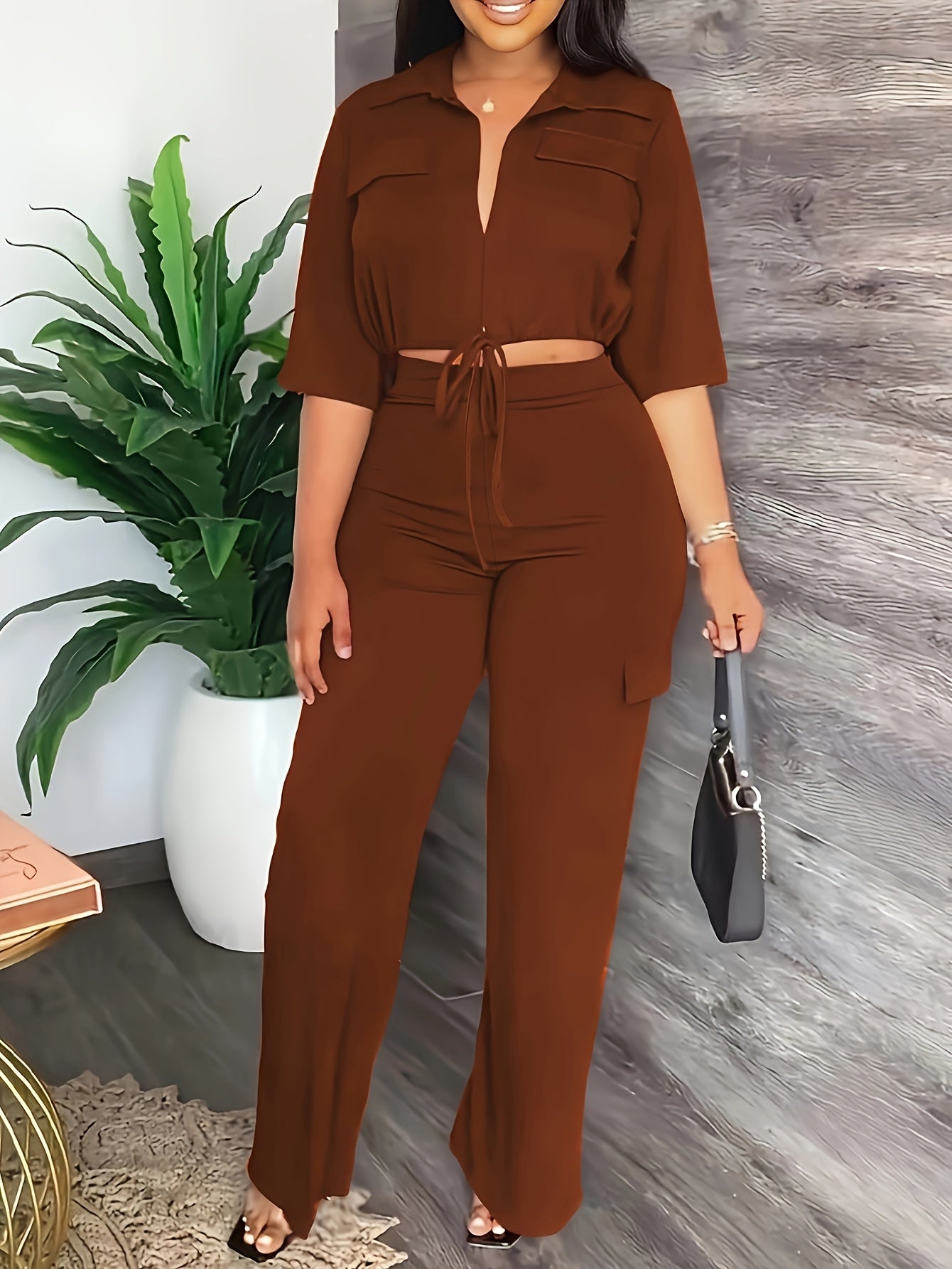 [Elegant Women's Outfit] Elegant Women's Outfit - High-Waisted Straight-Leg Pants with Drawstring Hem - Allseason Outfit, Glossy Fabric, European And American Style