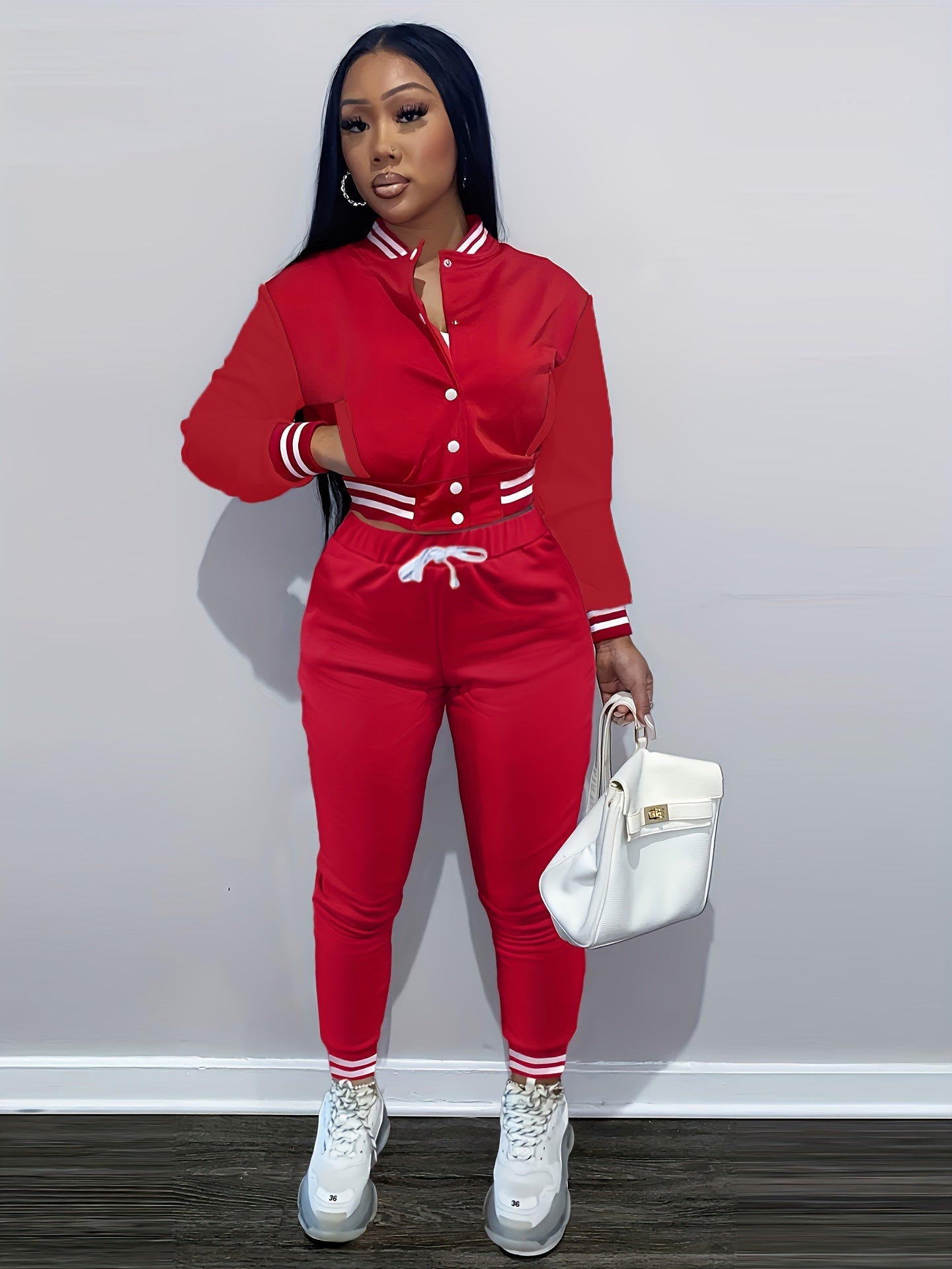 Casual Two-piece Set, Button Front Bomber Jacket & Drawstring Pants Outfits, Women's Clothing