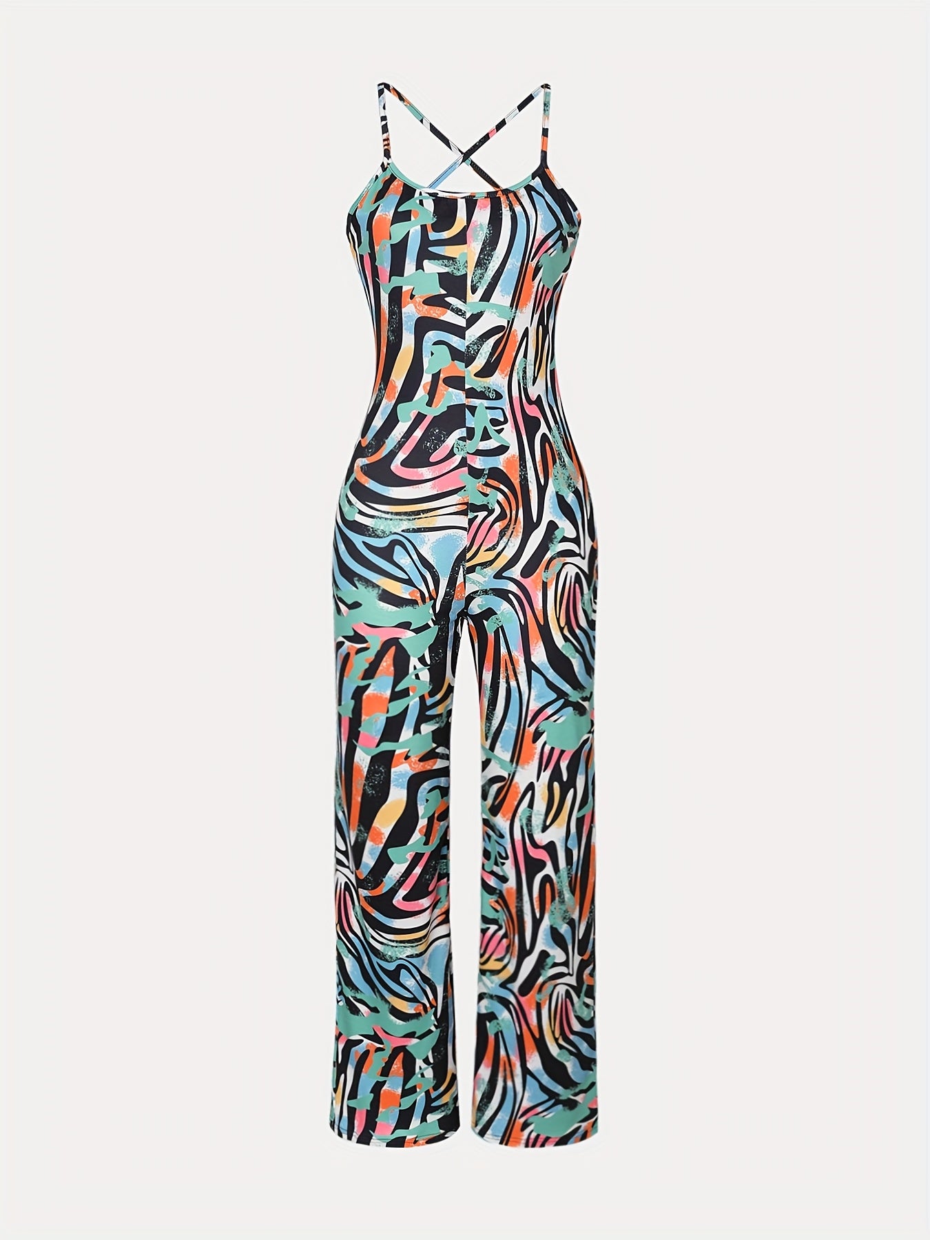 Women's Stylish All-Over Print Cami Jumpsuit - Vibrant Abstract Pattern, High Elasticity, Machine Washable, Perfect for Spring/Summer/Fall