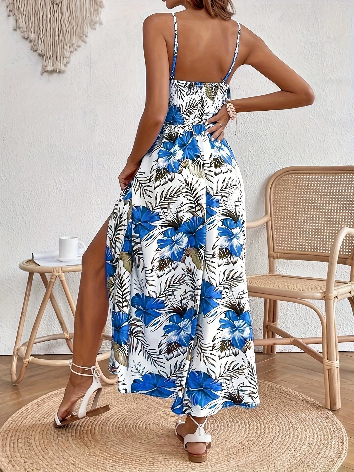 Floral Print Spaghetti Strap Dress - Elegant Sleeveless Split Dress For Spring & Summer - Women's Clothing -  For Women - Perfect for Parties & Casual Occasions - Ideal Gift for Her
