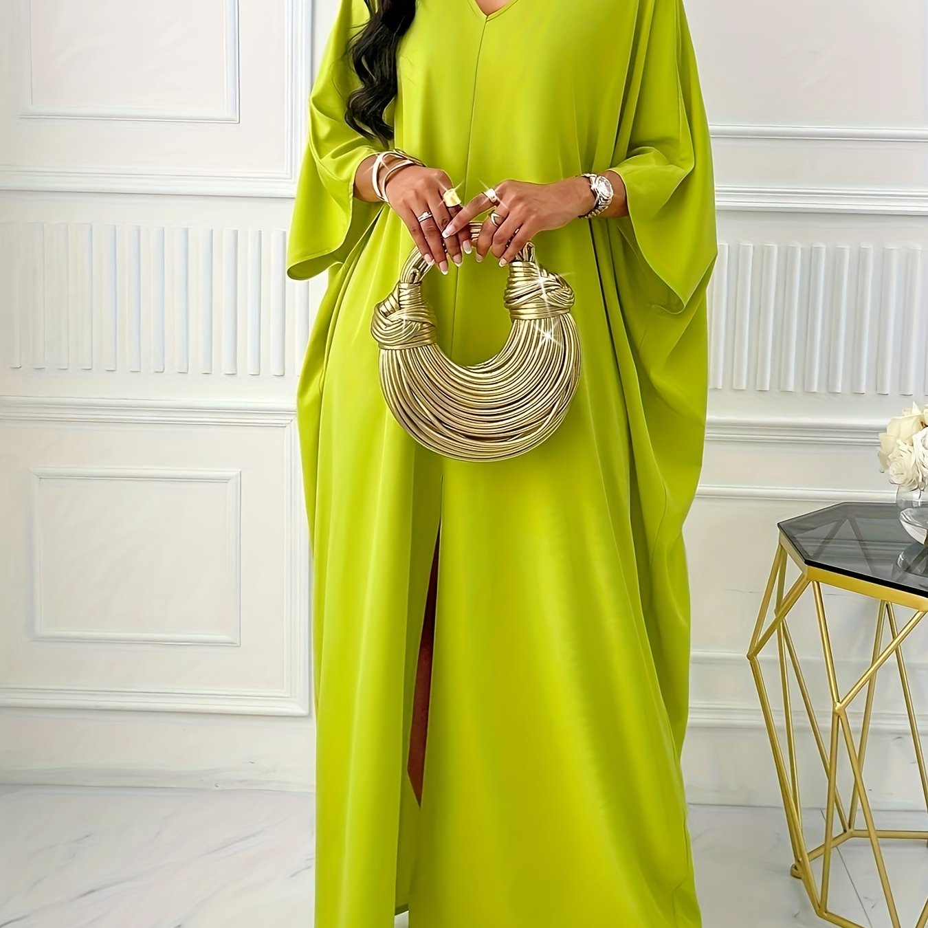 Elegant Solid Color V-Neck Cap Sleeve Side Slit Tunic Dress for Women - 100% Polyester Casual All-Season Long Dress