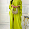 Elegant Solid Color V-Neck Cap Sleeve Side Slit Tunic Dress for Women - 100% Polyester Casual All-Season Long Dress