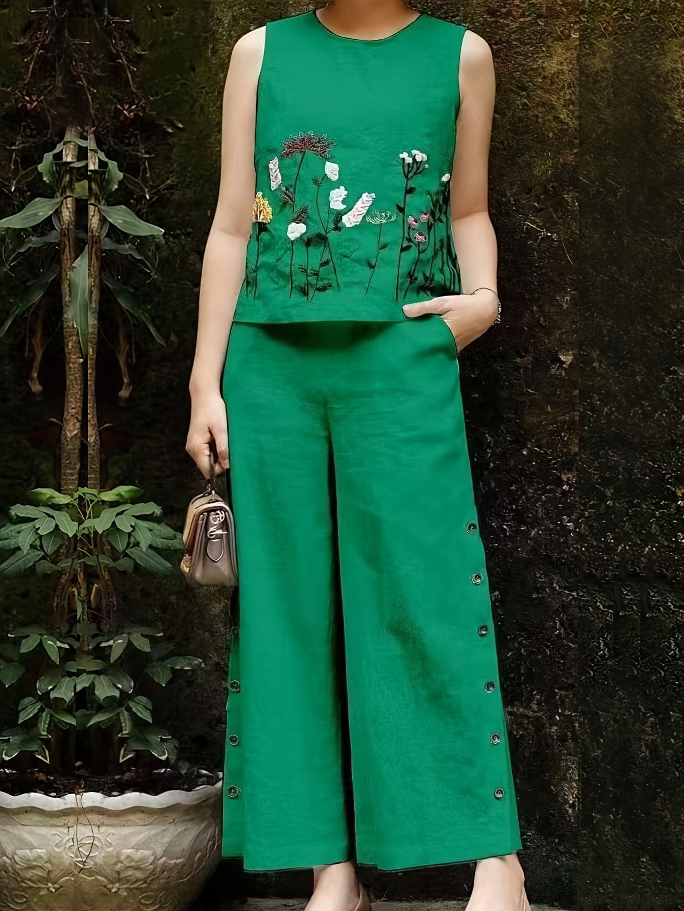 Women'S Elegant Summer Embroidered Jumpsuit - Vibrant Orange, Sleeveless with Floral & Butterfly Design, Wide-Leg Pants, Casual Attire for Spring/Summer, Casual Attire|Butterfly Embroidery|Elegant Jumpsuit