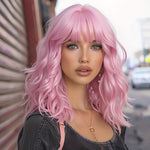 1pc Pink Short Curly Bob Wig with Bangs for Women - Matte Synthetic Hair, Loose Wave Style, 150% Density, Rose Net Cap, Perfect for Casual Attire or Special Occasions