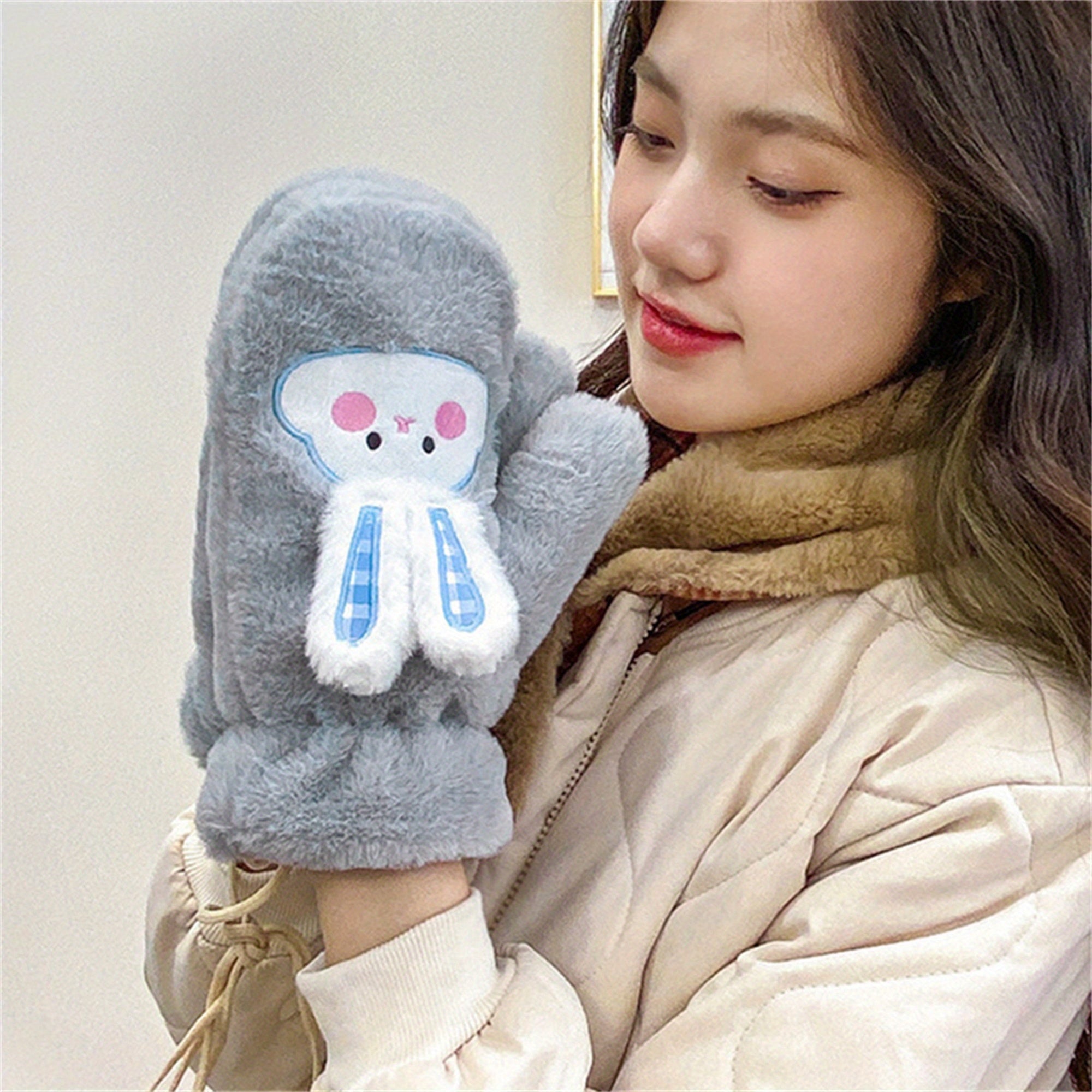 Women's Winter Mittens | Cute Rabbit Design Fleece Gloves | Pink Cotton Blend with Bunny Ears and Face | Plush Warmth for Cold Weather | Non-Stretch, Hand Washable | Cozy Outdoor Accessory