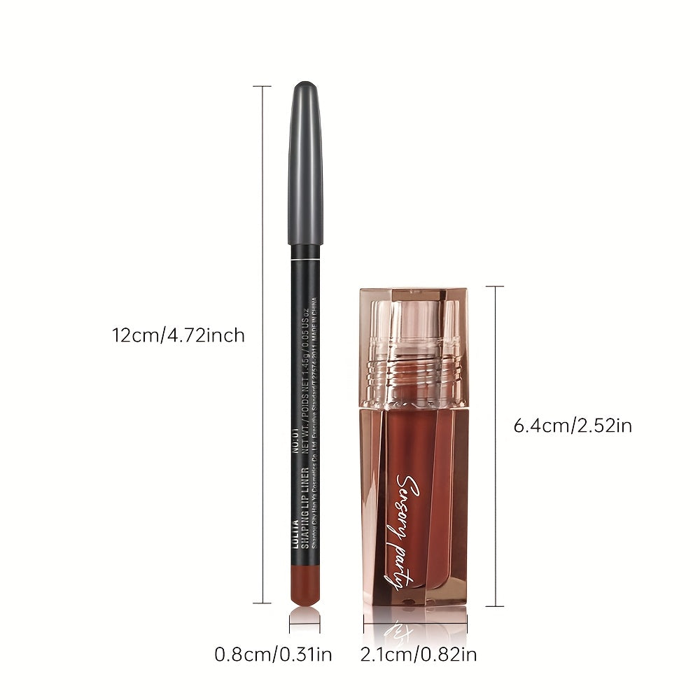 Pudaier Hydrating Lip Gloss & Lip Liner Set - 3D Precision Lip Definition, Dewy Finish for Every Occasion, Long-Lasting Matte Lipstick in Brown, Perfect for All Makeup Styles, Adult Skincare, Everyday Lip Care | Matte Lipstic