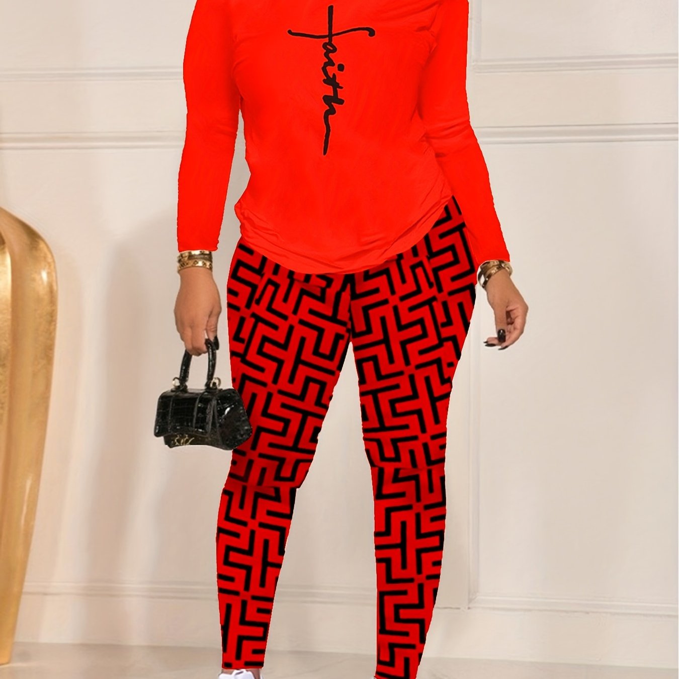 Chic Geo Print Women's Outfit - Casual Long Sleeve Top & Pants Set, Stretchy Polyester Blend, Machine Washable - For Women - Perfect for Everyday Wear  - Great Gift for Fashionable Ladies
