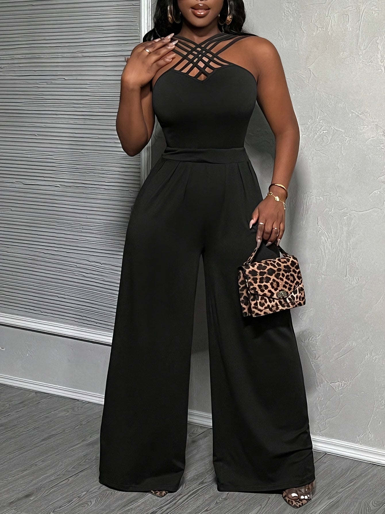 Women'S Casual Chic Black Pleated V-Neck Wide-Leg Jumpsuit with Scalloped Hem and Golden Chain Link Detail - Elegant Off-Shoulder Design for Spring/Summer/Fall, Versatile Fashion|Elegant Offshouldde| Flowing Fabric, Jumpsuit