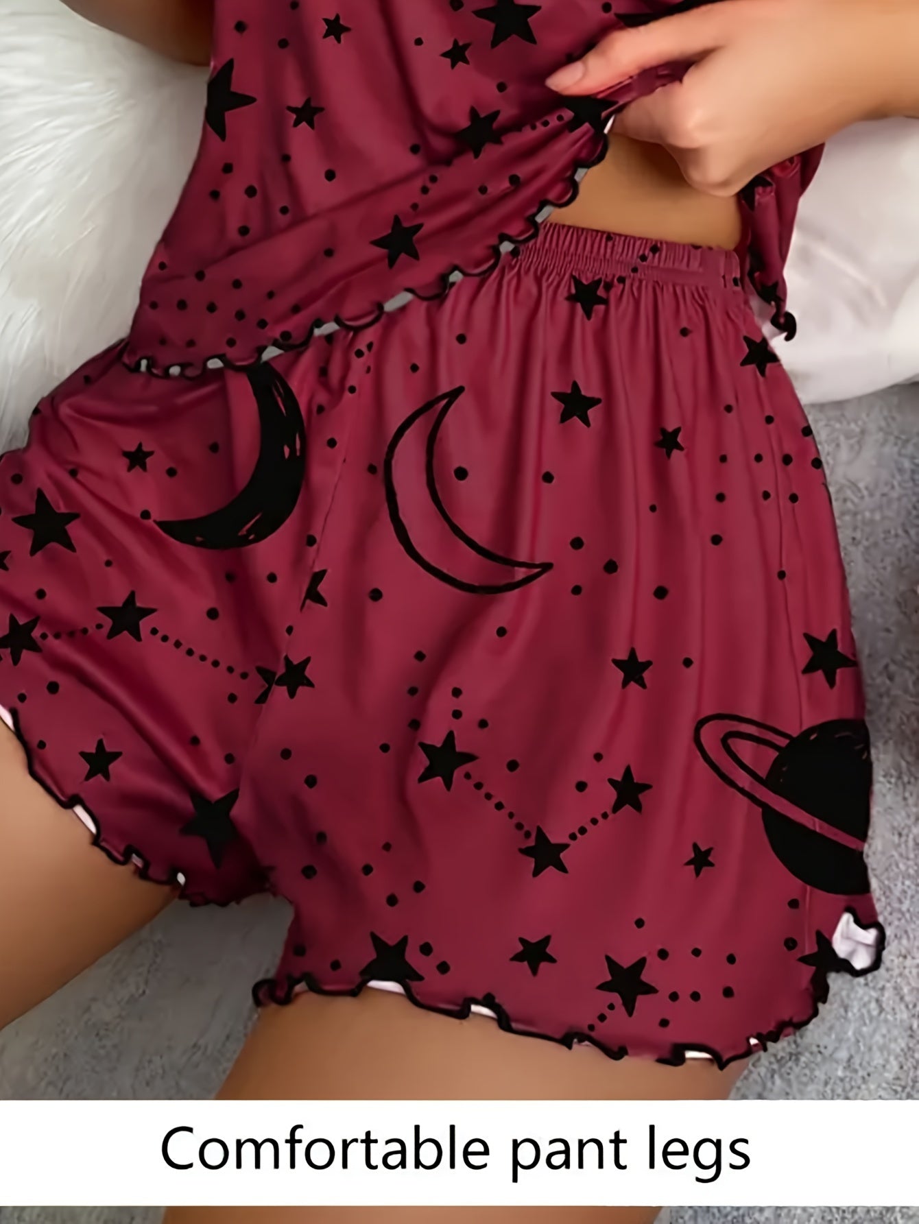 Moon & Star Print Lettuce Trim Pajama Set, Crew Neck Backless Cami Top & Elastic Shorts, Women's Sleepwear & Loungewear