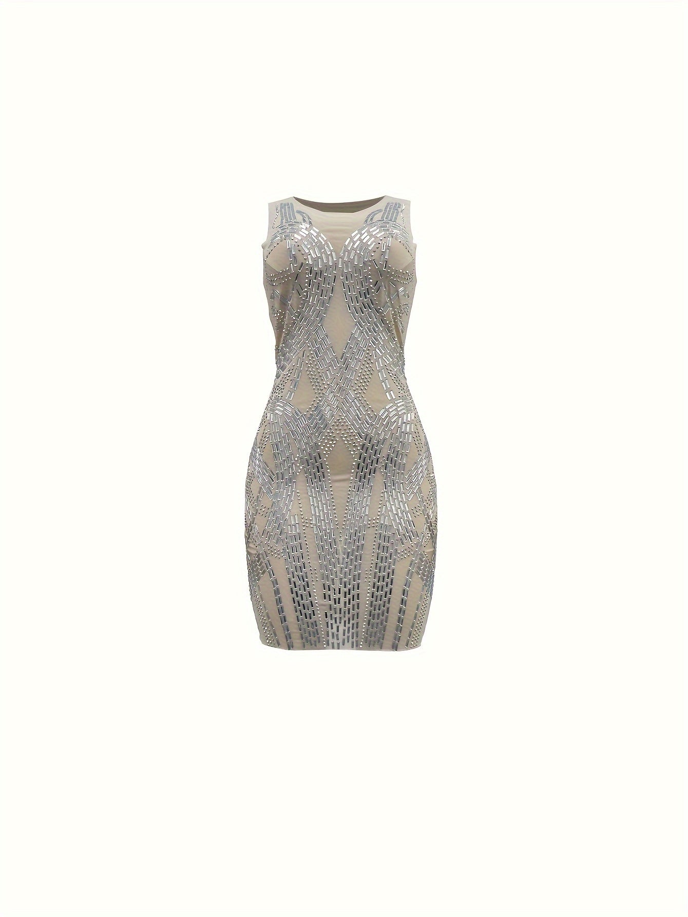 Rhinestoned Crew Neck Mesh Tank Dress, Sexy Sleeveless Bodycon Dress For Club & Party, Women's Clothing