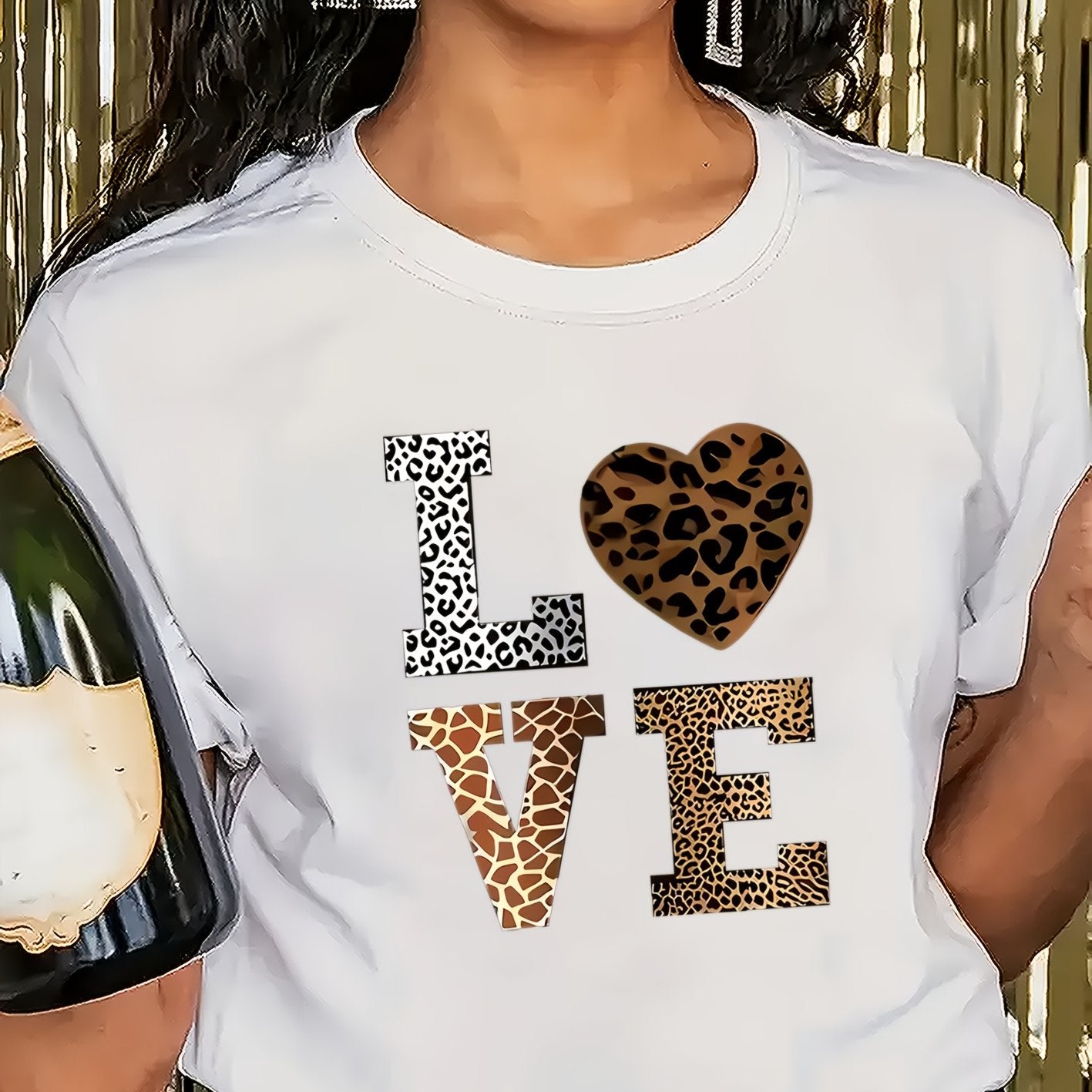 Stylish White 'LOVE' Leopard Heart Print Tee - Casual Round Neck Short Sleeve, 100% Polyester, Machine Washable - Perfect for All Seasons, Casual Wear Tee|Leopard Heart Design|Stretchable Material
