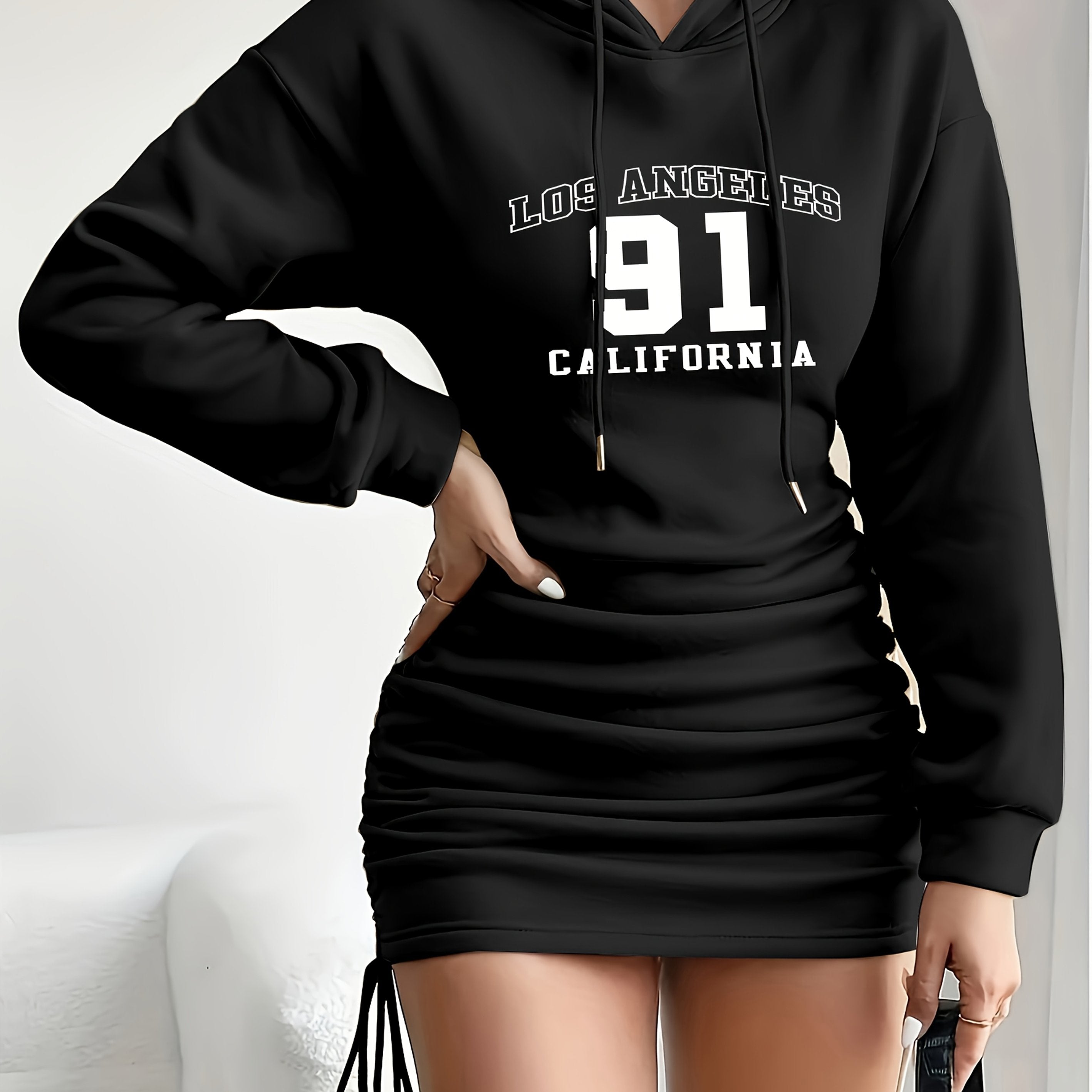 1pc Women's Alphabet Pattern Hooded Bodycon Dress with Drawstring Side - Polyester Knit Fabric - Spring/Fall Fashion Dress for Women - Perfect for Casual & Party Occasions