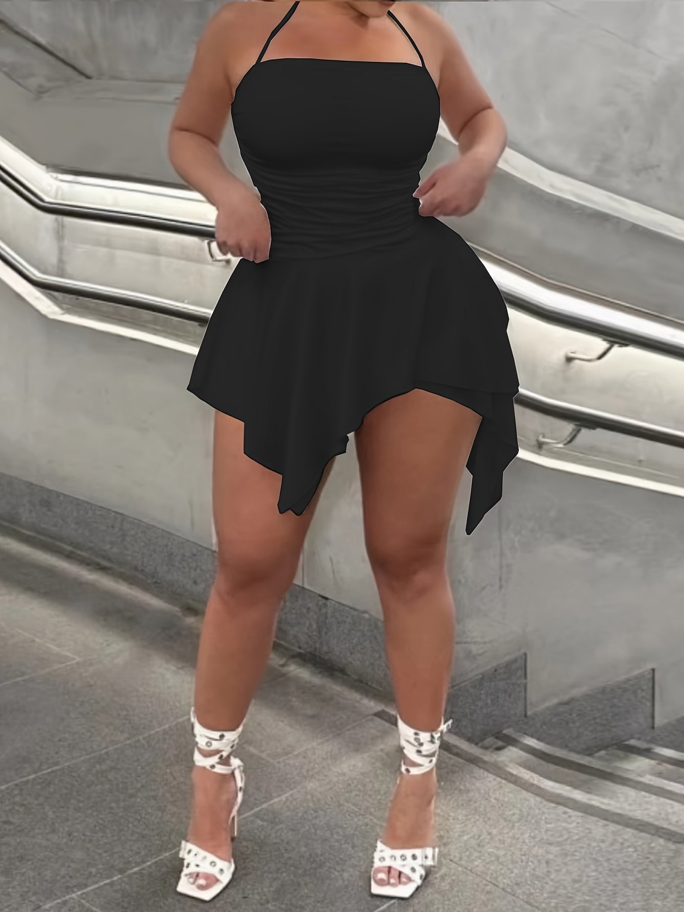 Elegant Draped Fit and Flare Dress - Backless Asymmetrical Hem, Sleeveless Halter Neck, High Elasticity Recycle Polyester, Solid Color, Perfect for Spring and Summer - Womens Clothing