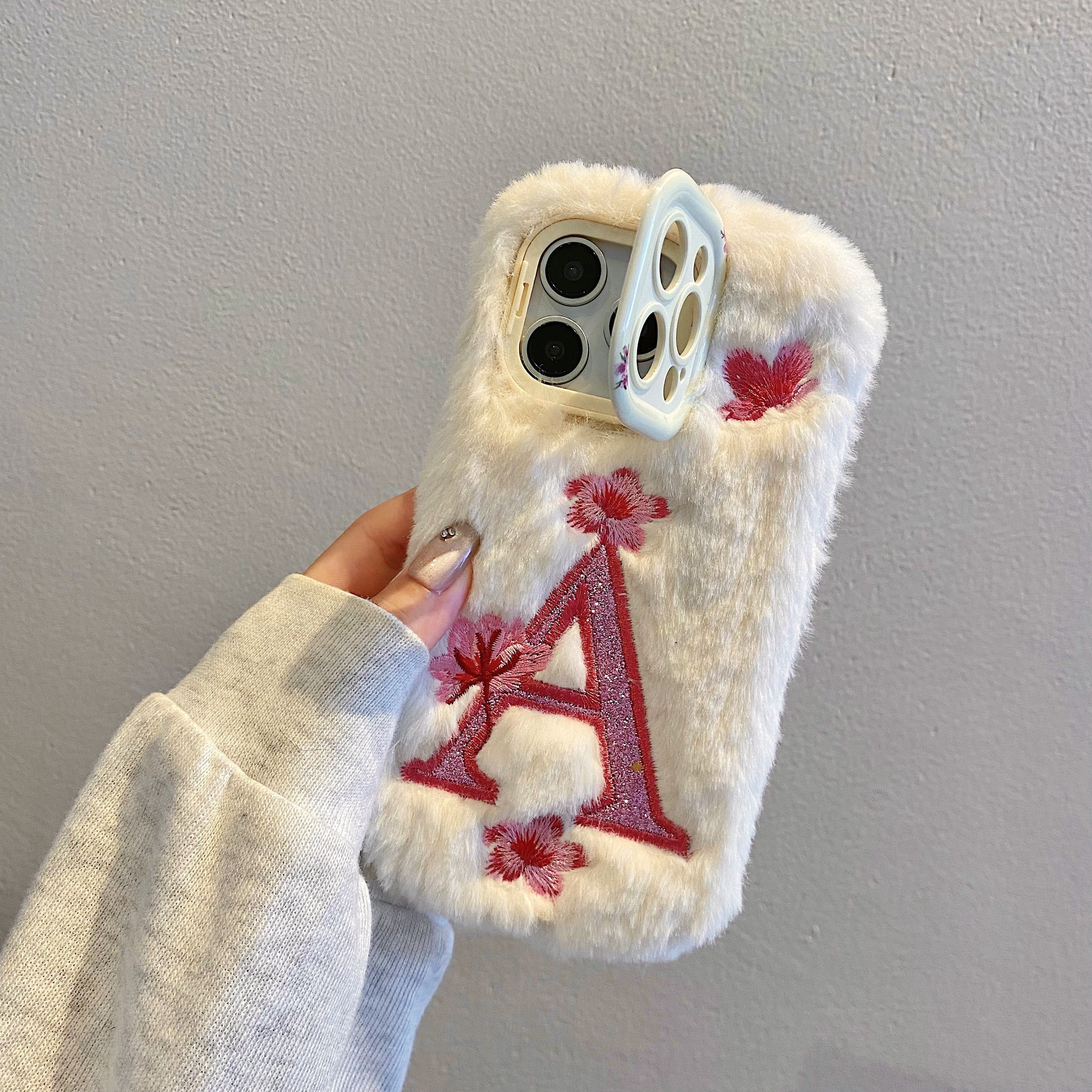 Plush Embroidered Big A Letter Stand Mobile Phone Case, Suitable for Apple 16/ 15 Pro Max/15 Pro/15/15Plus/14 Pro Max/14 Pro/14Plus/14/13 Pro Max/13 Pro/13 /12 Pro Max/12 Pro/12/11Pro Max/11 Couple All-Inclusive Mobile Phone