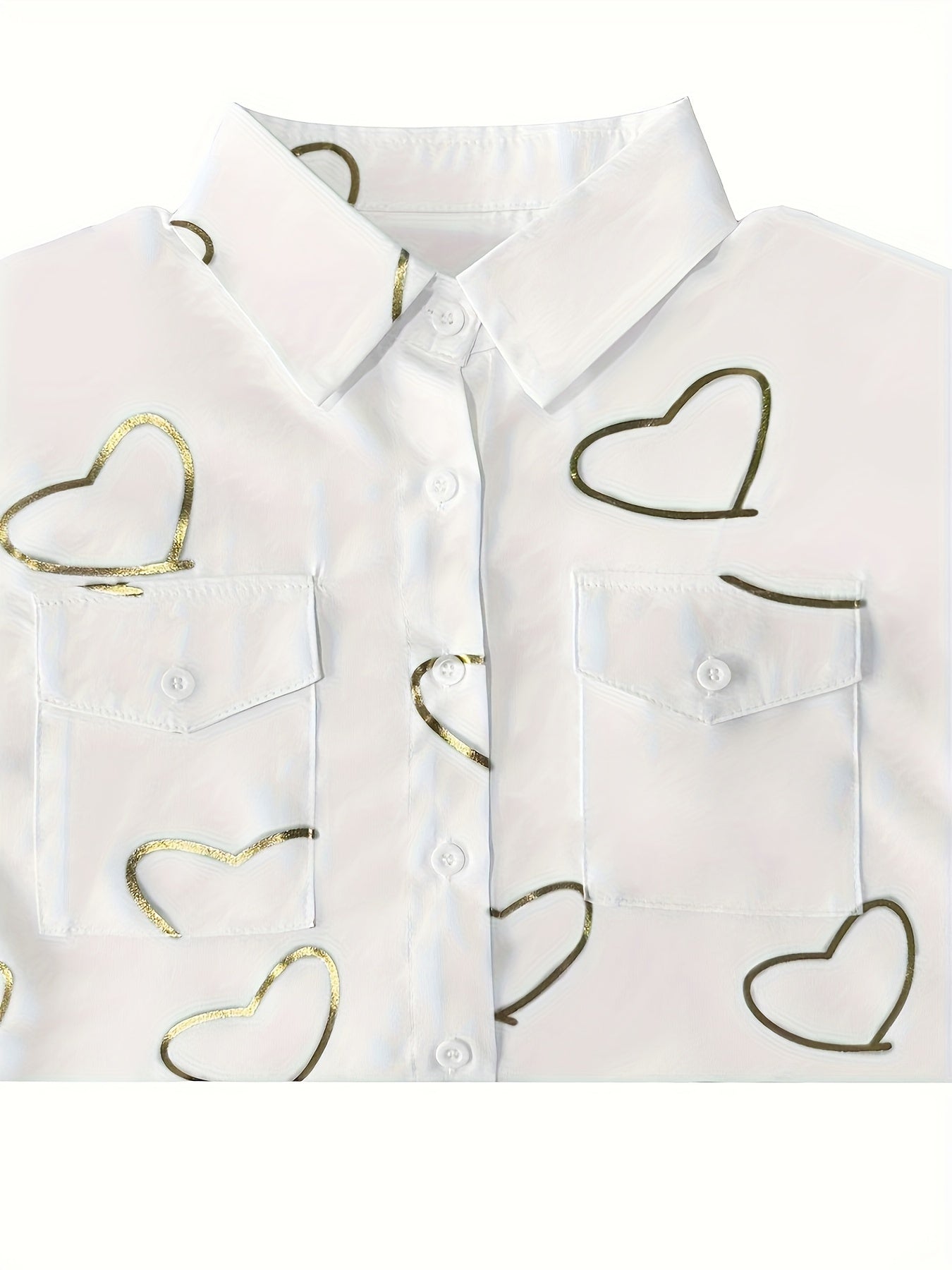 Heart Print Button Front Shirt, Casual Long Sleeve Dual Pockets Blouse For Spring & Fall, Women's Clothing