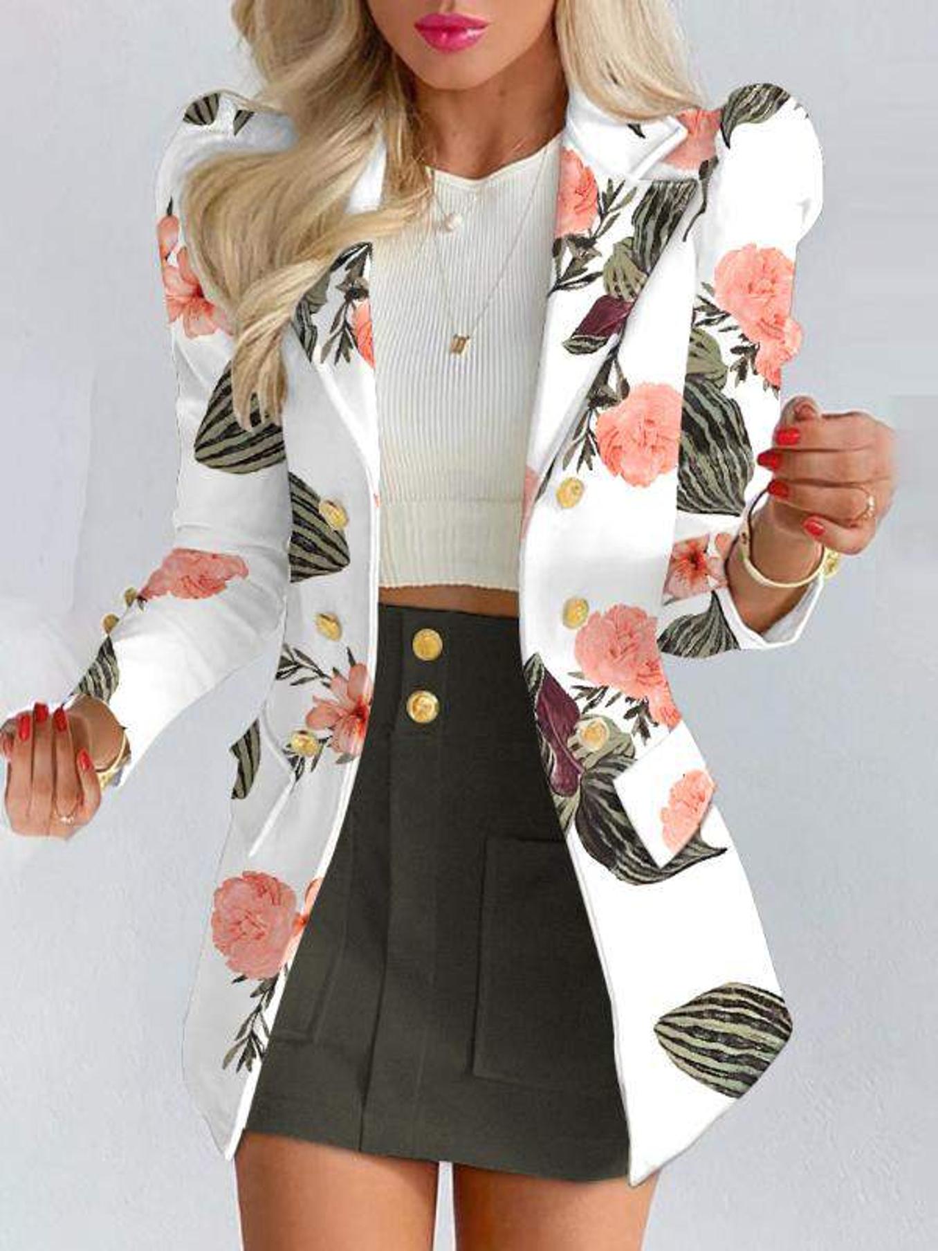 FLORAL PRINT PUFF SLEEVE DOUBLE BREASTED BLAZER SKIRT SET