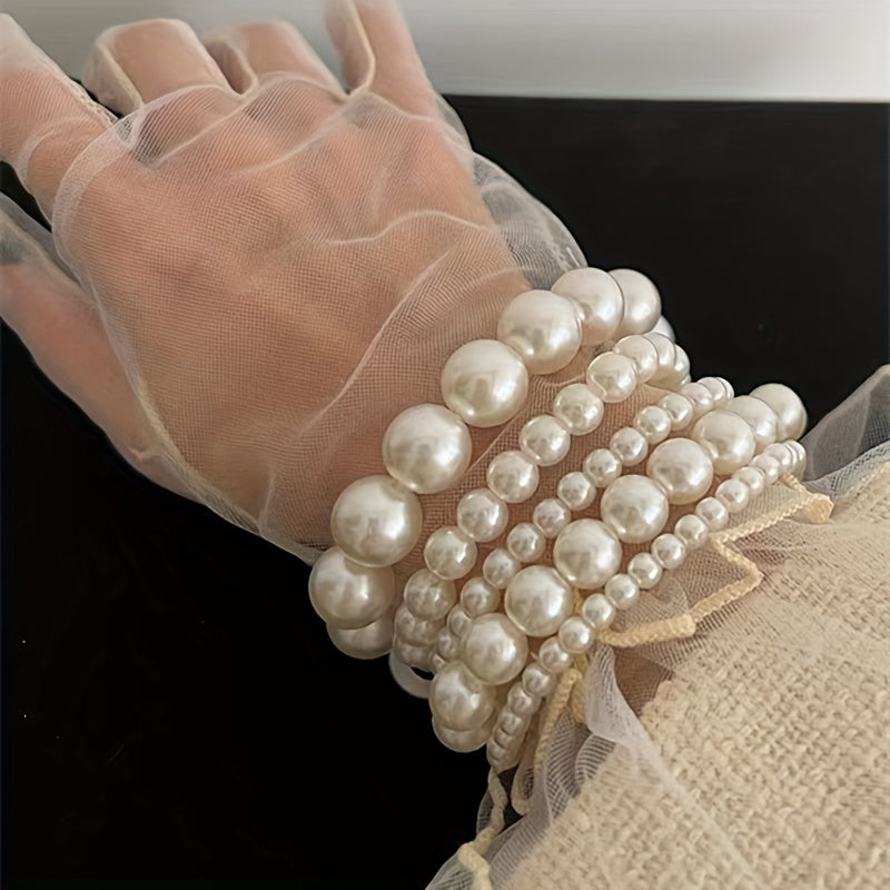 5pcs Elegant French-Inspired Acrylic Faux Pearl Bracelet Set - Vintage Chic Multi-Layer Beaded Stacking Wrist Jewelry, Ideal for Daily Wear & Gifting