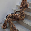 Women'S Sexy Leopard Print Backless Jumpsuit - Long Sleeve, Flare Leg, Elegant and Fashionable, All-Season Wear, Adult Fashion, Adult Fashion Jumpsuit | Leopard Print Jumpsuit | Long Sleeve Jumpsuit