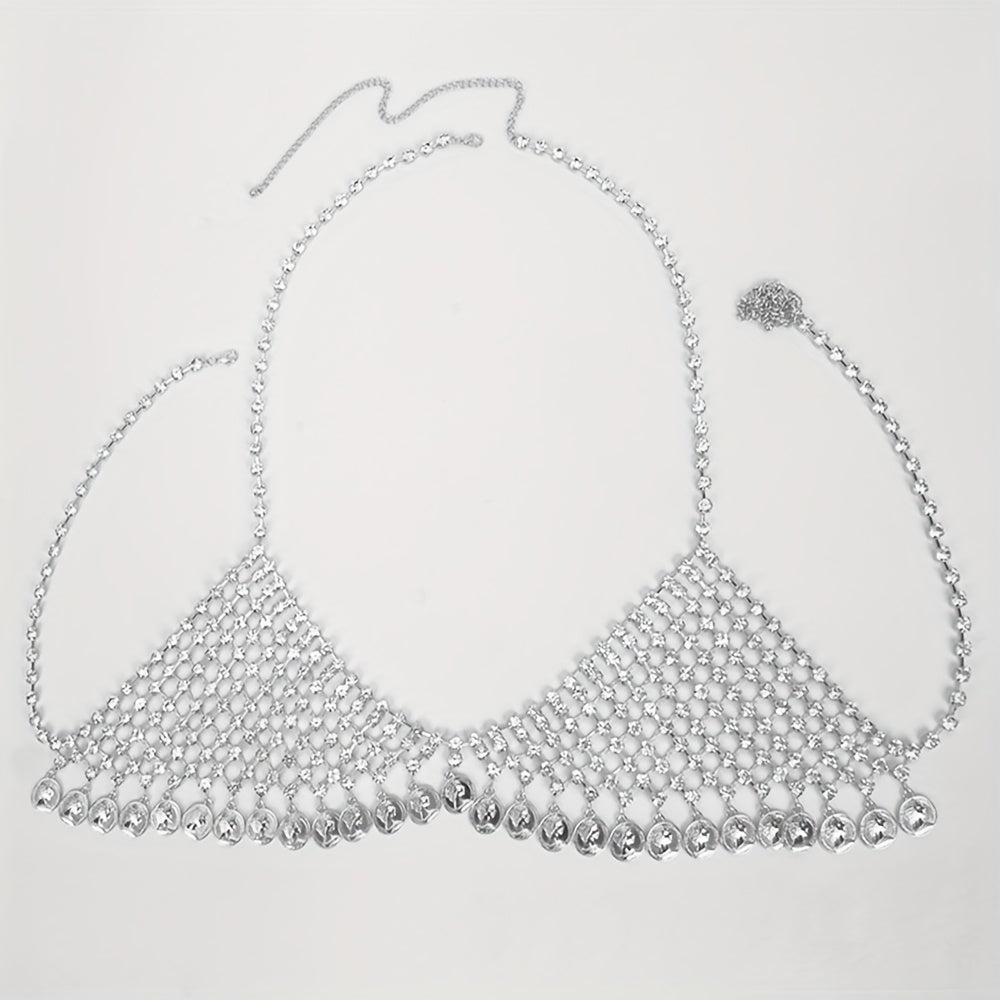 1 Set Bra + Panties Fashion Alloy Full Rhinestone Mesh Women's Bra Body Chain, Round Coin Tassel Pendant Body Chain Suitable for Parties, Music Festivals, Beach Body Accessories