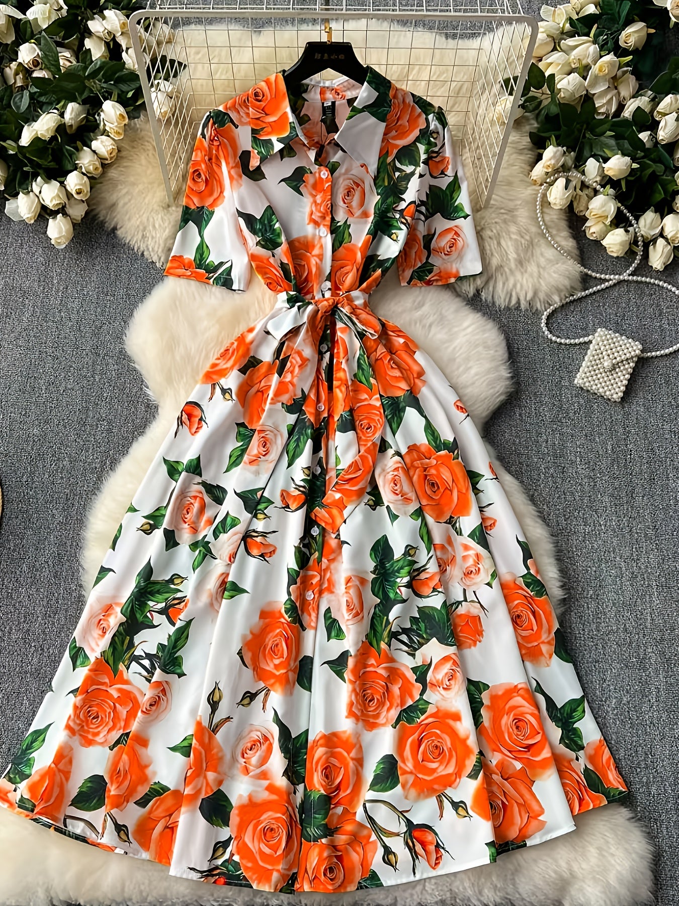 Elegant Women'S Floral Print Dress with Short Sleeves, Lapel Collar, and Cinched Waist - Romantic Rose Design, Perfect for Spring Outings, Garden Parties, and Casual Events, Garden Party Dress | Floral Print Dress | Stylish D