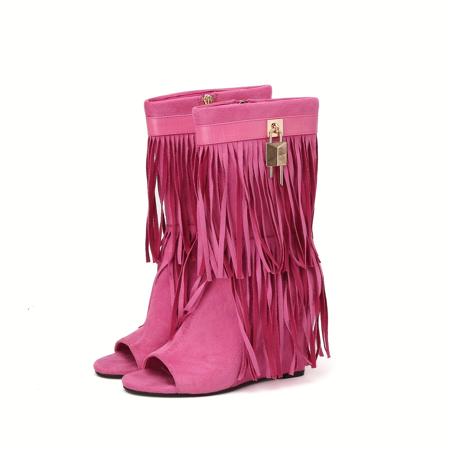 Women's Tassel Decor Wedge Heeled Boots, Fashion Peep Toe Side Zipper Boots, Stylish Western Booties