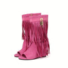 Women's Tassel Decor Wedge Heeled Boots, Fashion Peep Toe Side Zipper Boots, Stylish Western Booties