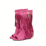 Women's Tassel Decor Wedge Heeled Boots, Fashion Peep Toe Side Zipper Boots, Stylish Western Booties