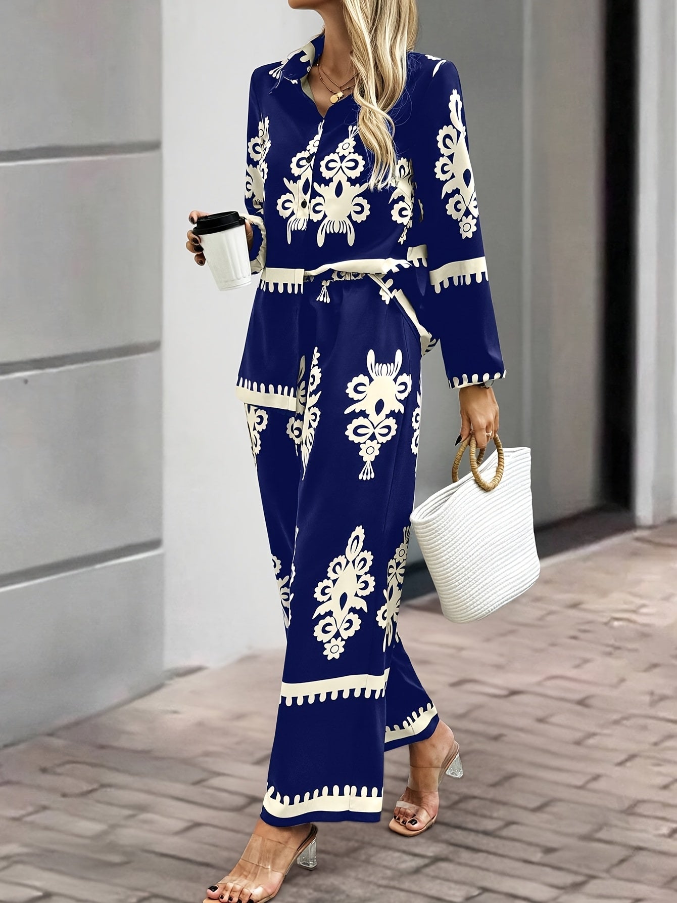 2pcs Elegant Special Set for Women with Random Print Front Button Long Sleeve Top and Pants Casual Suit