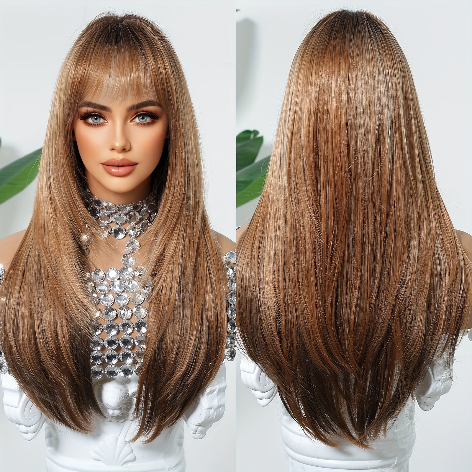 Elegant Women'S Wig Light Brown Long Straight Layered Ends Fashion for Daily Wear with Matte Finish, Tang Long Fiber, 100% Density Rose Net Cap, Versatile Fit for All, Heat-Resistant and Customizable