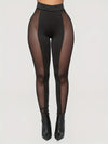 Women's Fashion High-Waist Solid Color Black Mesh Panel Leggings - Stretchy Polyester/Spandex, Casual Style, Machine Washable, Ideal for Spring/Summer/Fall, High Waisted Leggings