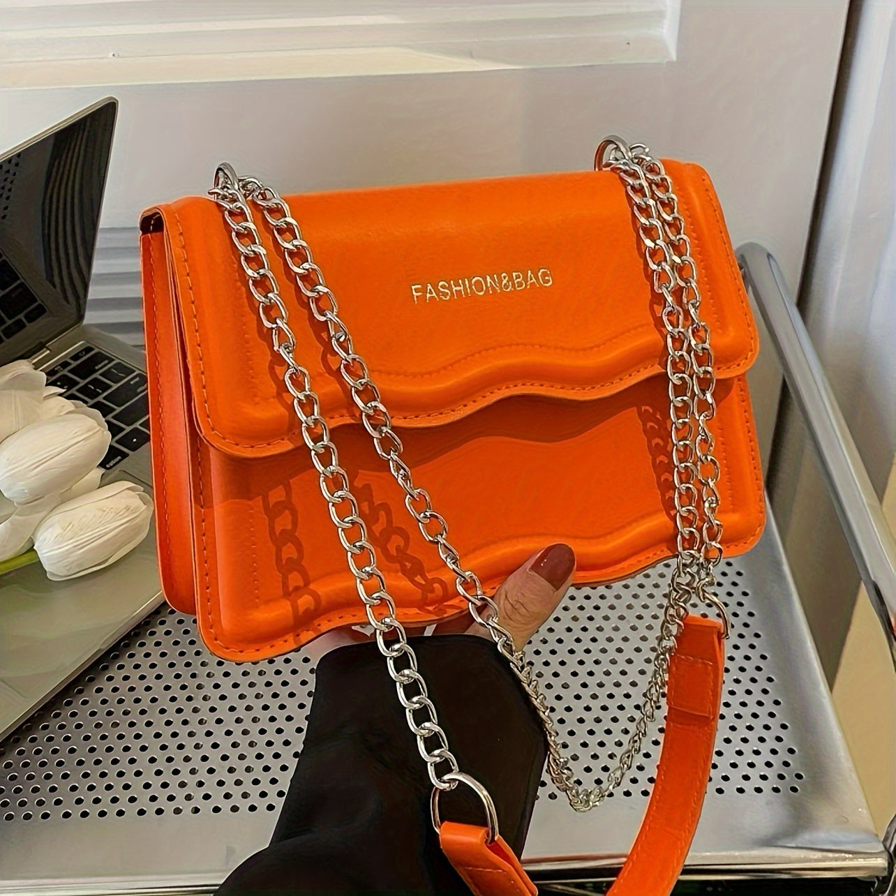 Elegant Mini Messenger Bag for Women: Magnetic Closure, Scallop Design, Chain Strap, Faux Leather Lining, Solid Color