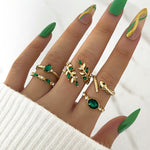Vintage Elegant Leaf & Snake Design Rhinestone Stacking Rings Set - 5-Piece Alloy Ring Pack with Green Accents for Daily & Vacation Wear