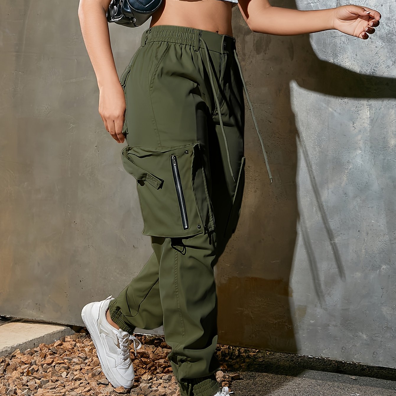 1pc Women'S Casual Cargo Pants, Polyester, Solid Color, All-Season Tapered Leg Workwear, 140g/m² Woven Fabric with 3D Pockets