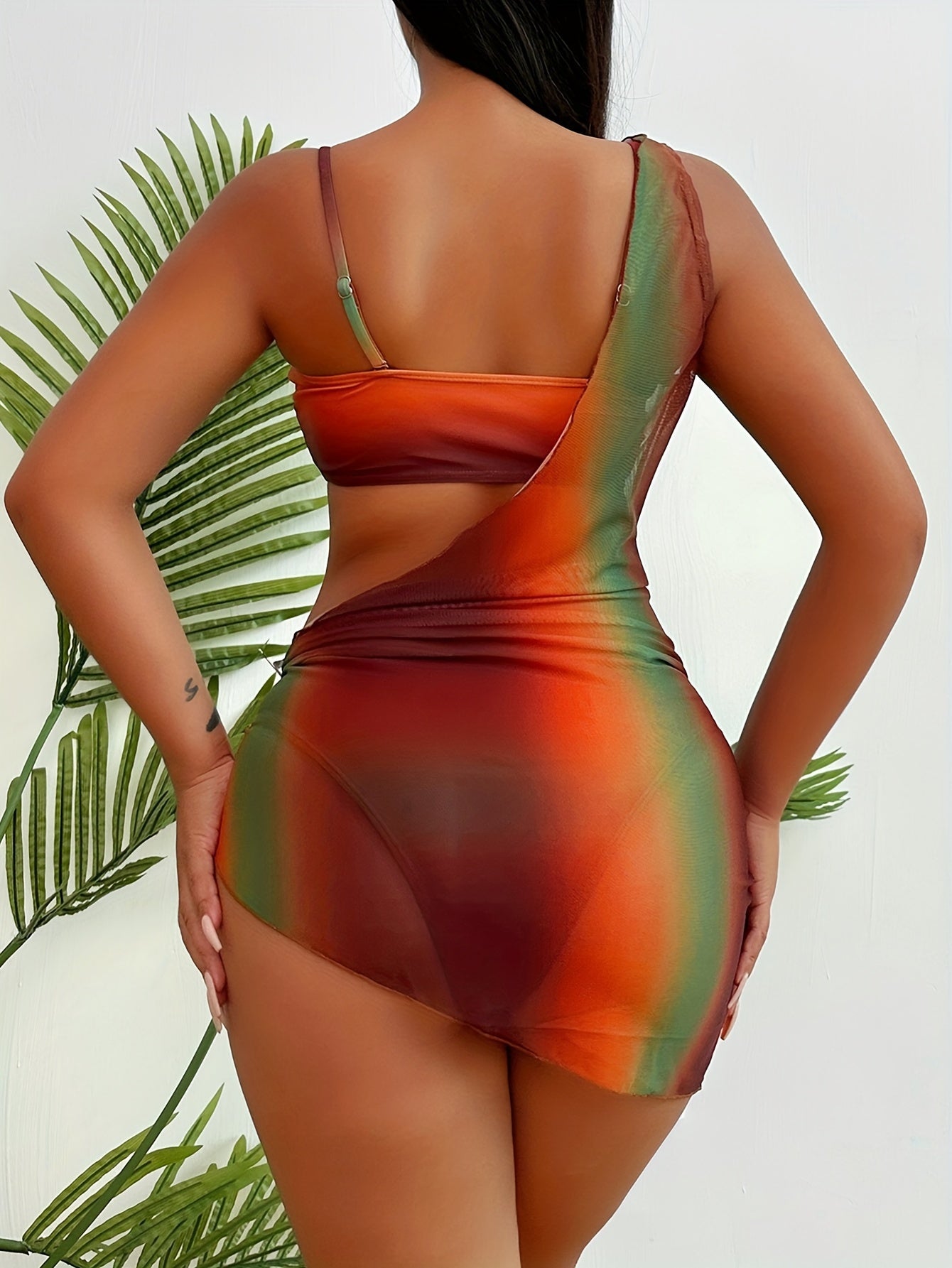 Vacation Style Ethnic Style Brown Gradient Print Single Shoulder Asymmetrical Mesh Skirt Tube Top Separated Bikini Three Piece Set