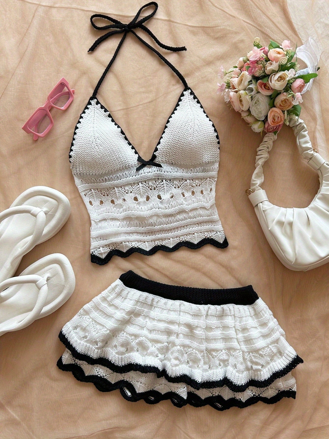 Chic Two-Piece Swimsuit Set - Black & White Crochet Design with Bow Detail, Perfect for Beach & Pool, Casual Beachwear|Playful Design|Stretchy Fabric