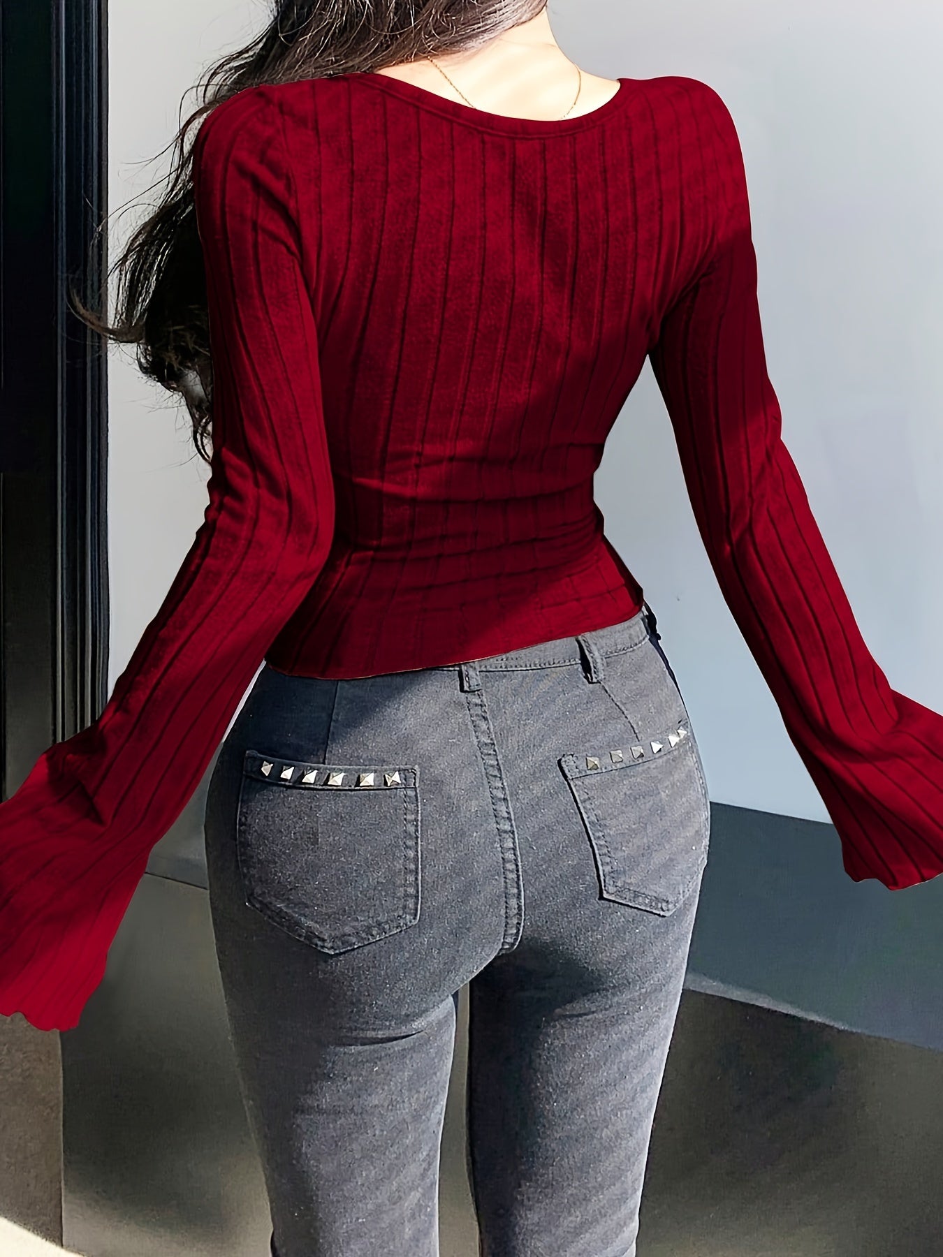 Crisscross Scoop Neck Skinny Top, Casual Solid Color Long Sleeve Ribbed Top For Spring & Fall, Women's Clothing