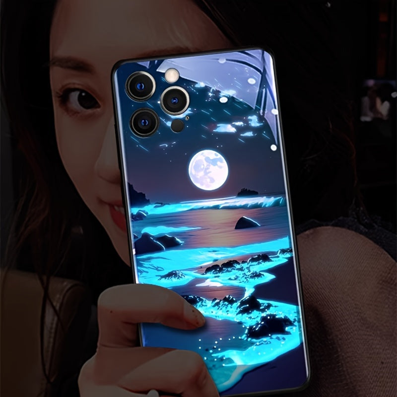 Glowing Meteor Sunset Beach Smart Voice-Controlled Luminous Phone Case Compatible with Samsung S24 Ultra/S23 Ultra/S23 FE/S21 FE/S22 Ultra/S21 Ultra/Iphone 15 14 Plus 13 12 11 Pro Max, Featuring Night Glow Technology And an E