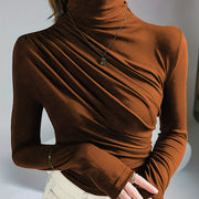 Elegant Ruched Mock Neck Long Sleeve Top for Women - Stylish Autumn/Winter Blouse, Soft Polyester & Elastane Blend, Machine Washable, Dark Brown, Perfect for Casual or Dressy Outfits