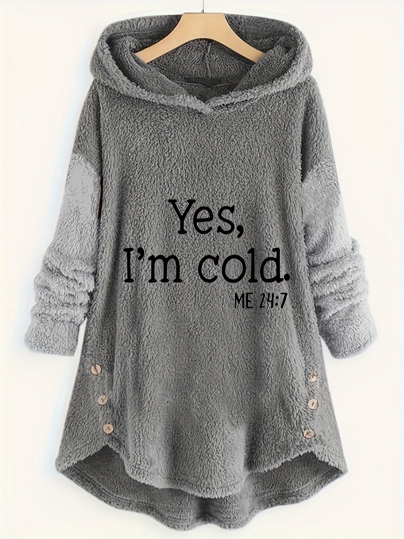 Cozy Women's Gray Fleece Hoodie & Jogger Set - "YES, I'M COLD" Print, Long Sleeves with Button Detail, Casual Polyester Outfit for Fall & Winter, Machine Washable, Jogging Pants