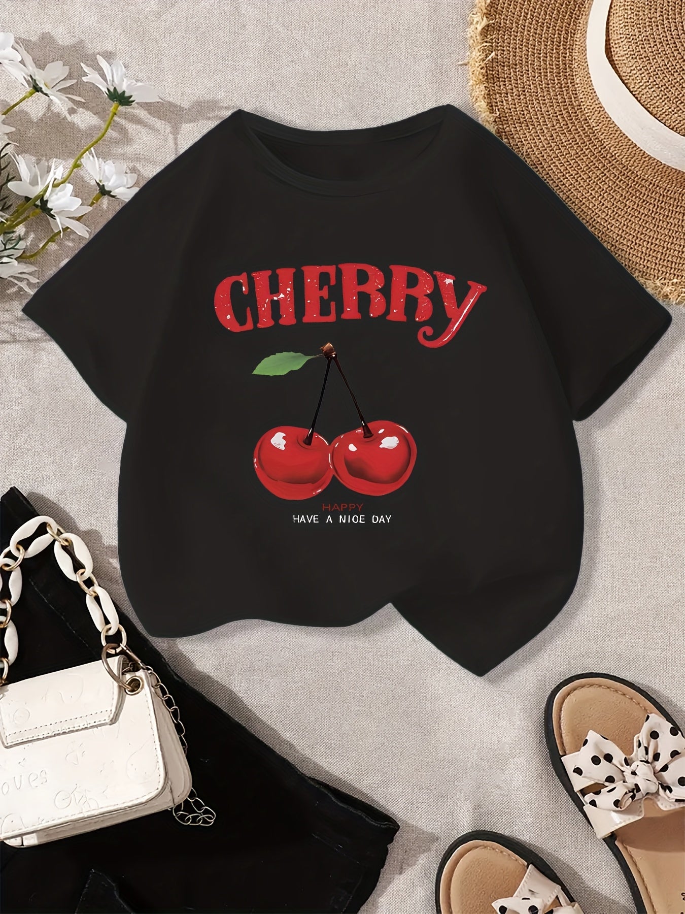 Girls' Cherry Graphic Tee - Soft & Quick-Dry Polyester Blend, Casual Round Neck Short Sleeve T-Shirt with "Have a Nice Day" Print, Perfect for Spring/Summer Outings, Girls Tshirts